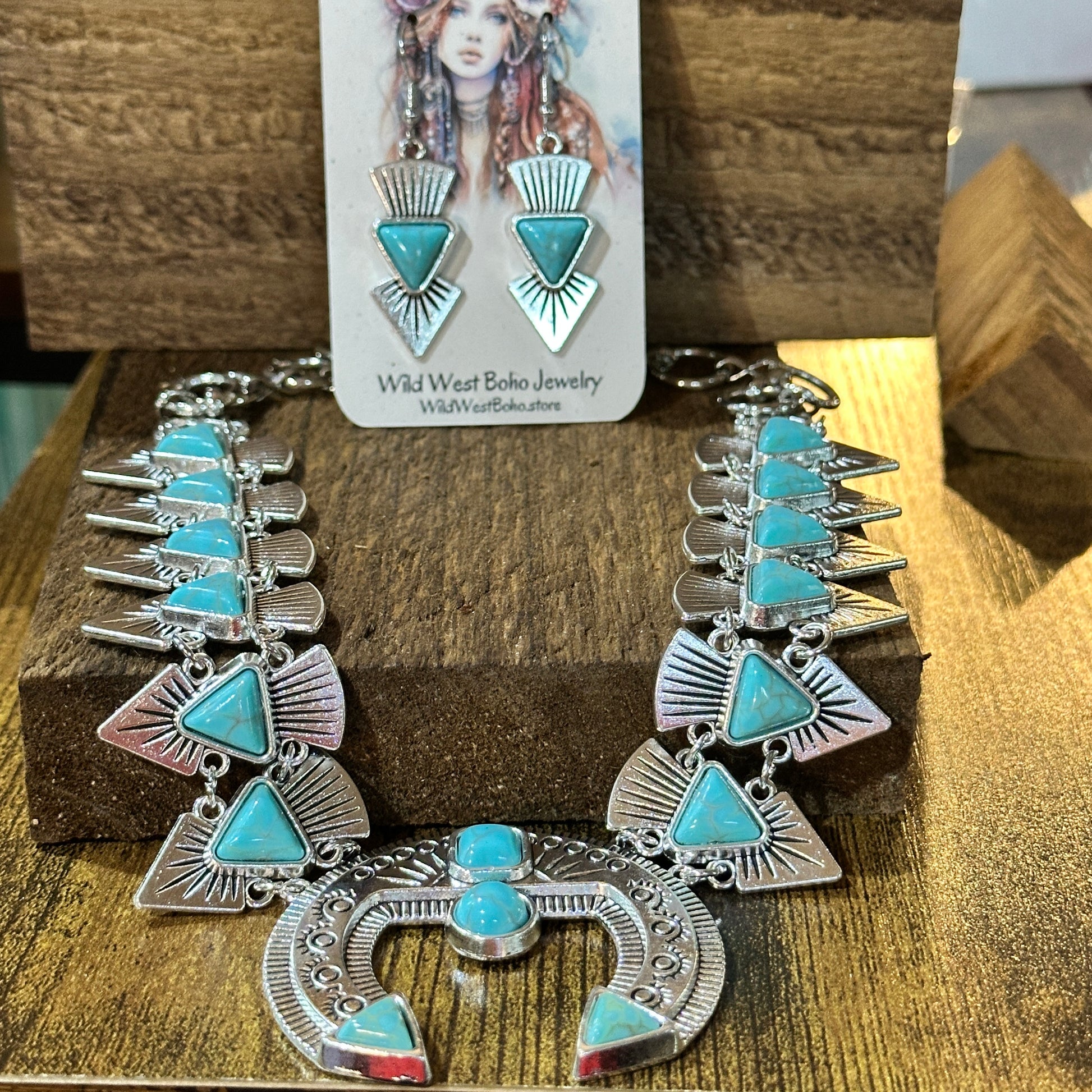 Squash Faux Turquoise Necklace and Earrings Set in Mixed Metals Silver Elegant