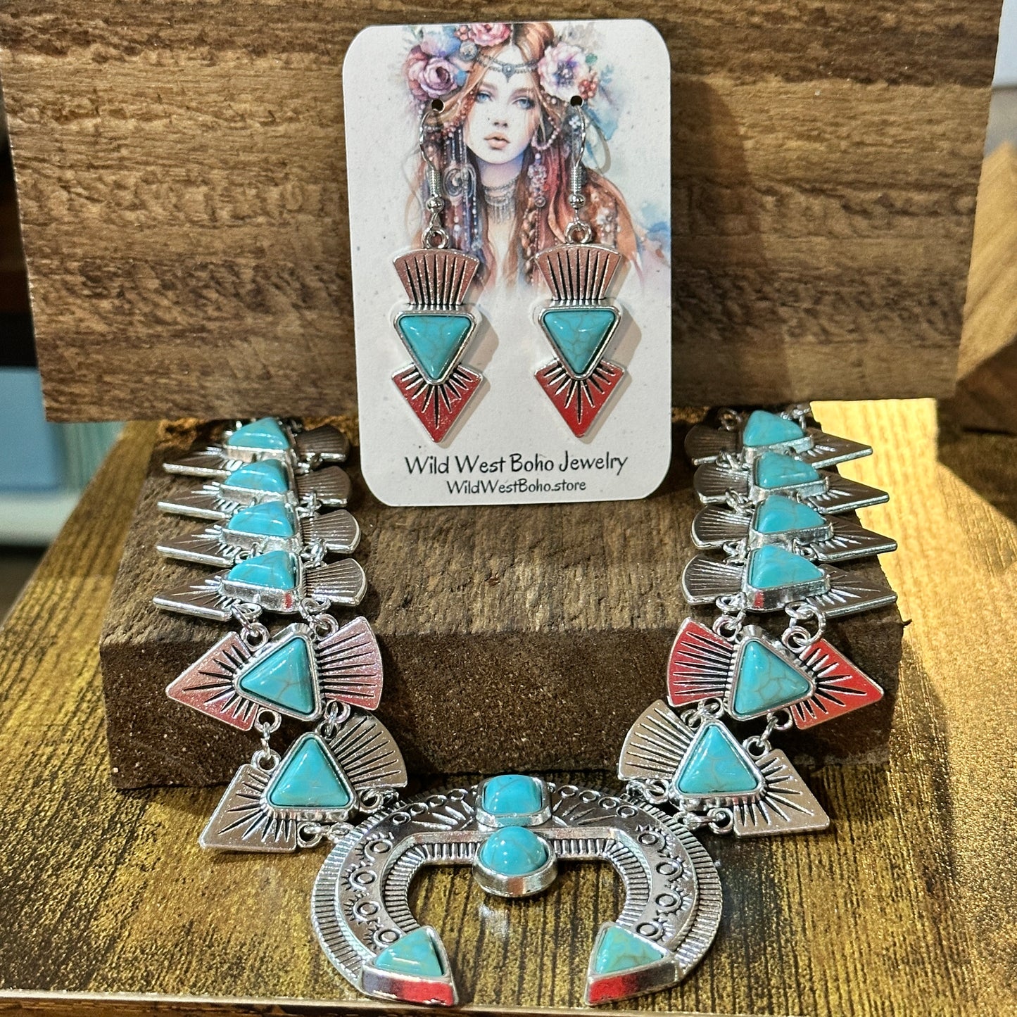 Squash Faux Turquoise Necklace and Earrings Set in Mixed Metals Silver Elegant