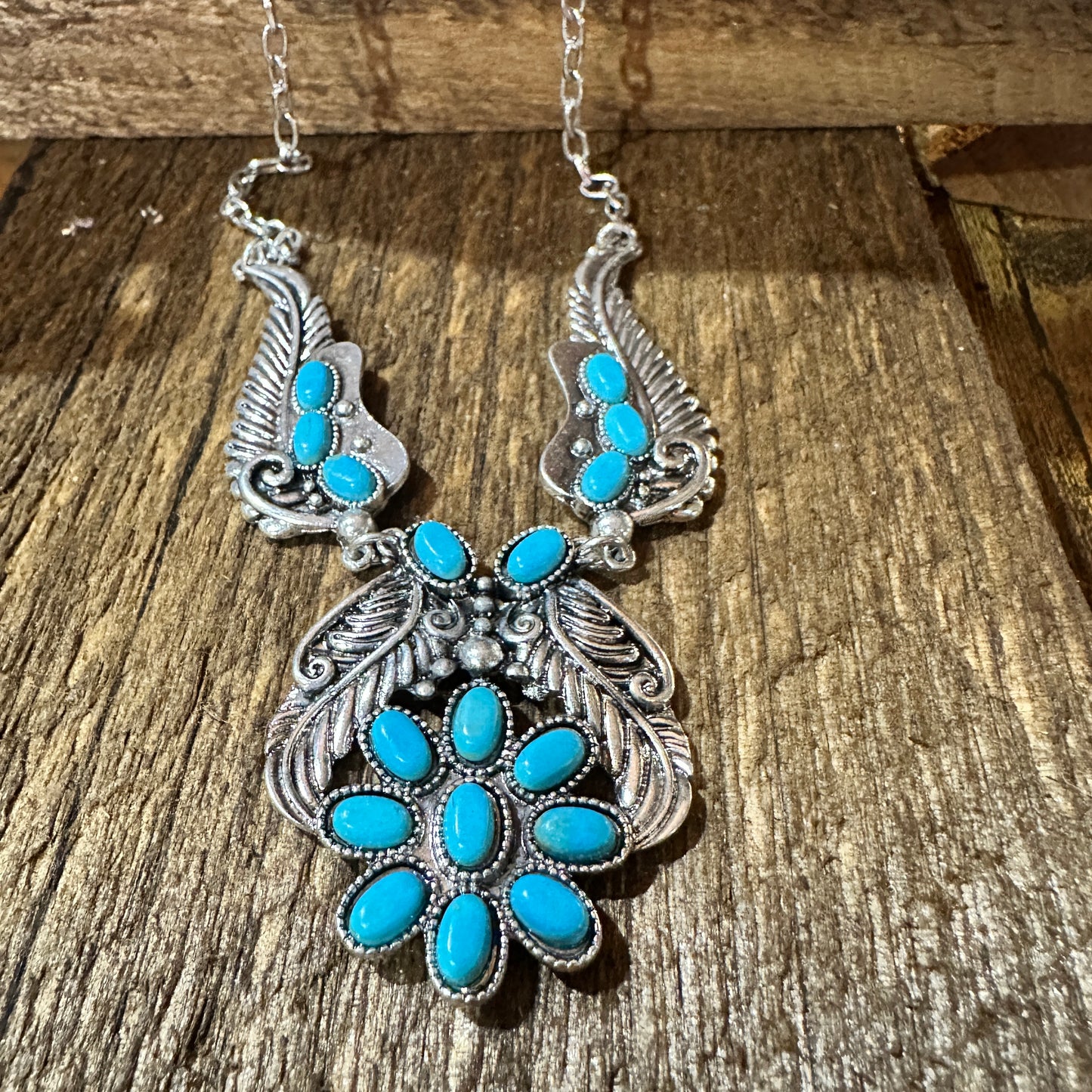 Bohemian Willow Leaf Turquoise Cabochon Jewelry Set: Necklace & Earrings Silver Elegant
