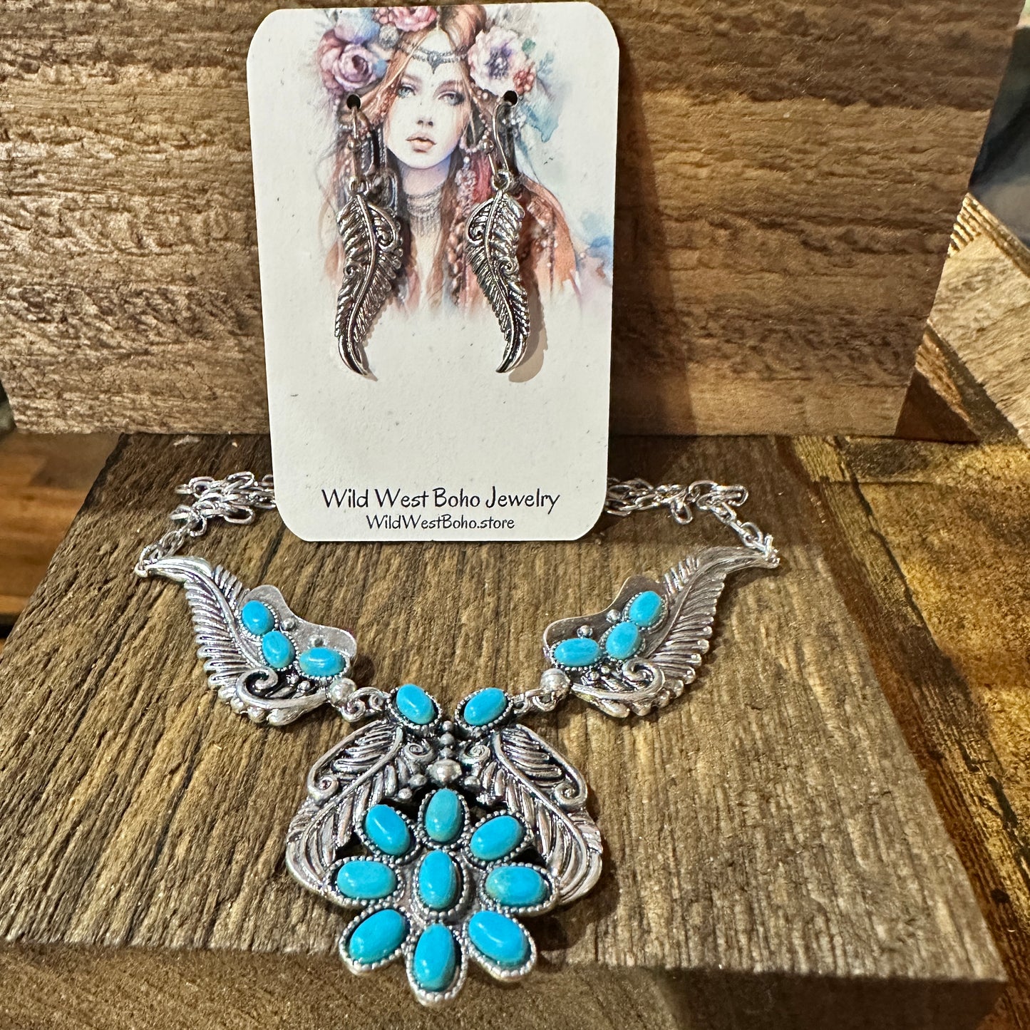 Bohemian Willow Leaf Turquoise Cabochon Jewelry Set: Necklace & Earrings Silver Elegant