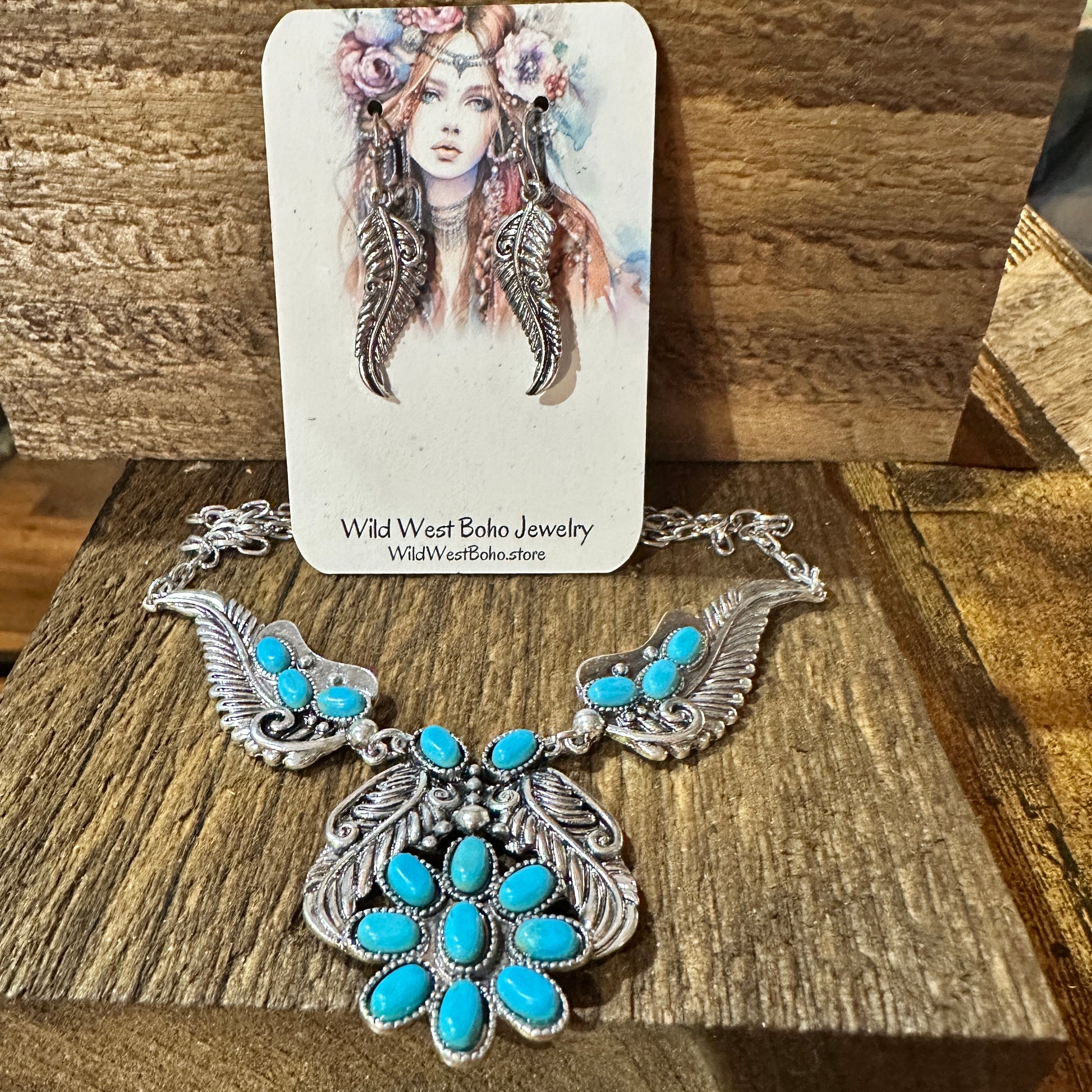 Bohemian Willow Leaf Turquoise Cabochon Jewelry Set: Necklace & Earrings Silver Elegant