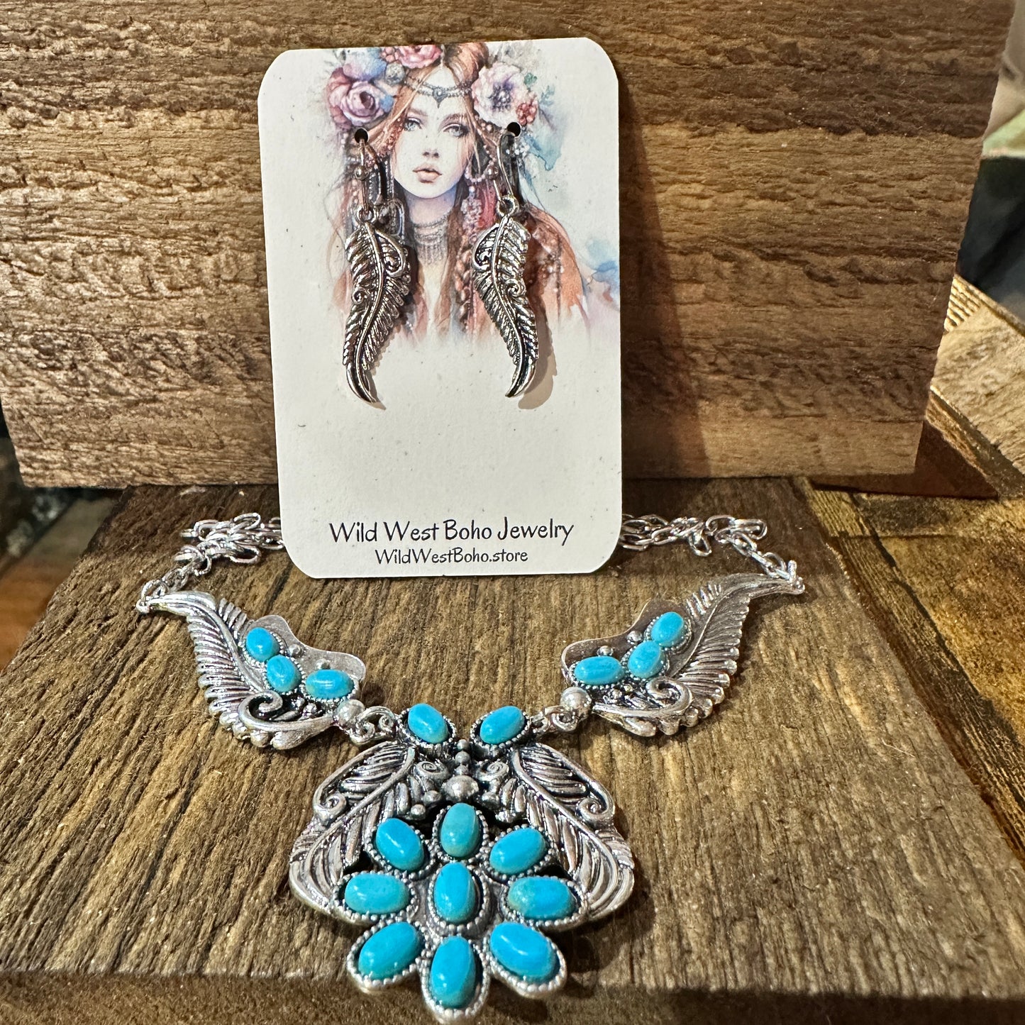 Bohemian Willow Leaf Turquoise Cabochon Jewelry Set: Necklace & Earrings Silver Elegant