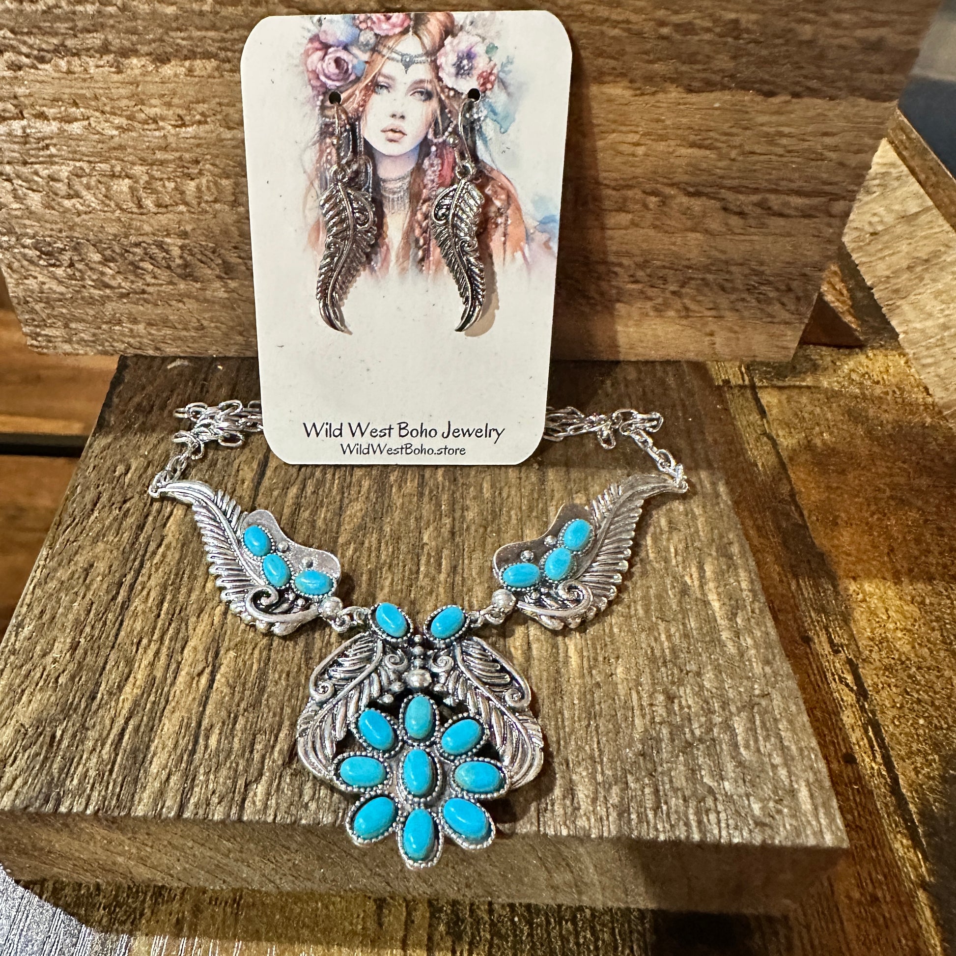 Bohemian Willow Leaf Turquoise Cabochon Jewelry Set: Necklace & Earrings Silver Elegant