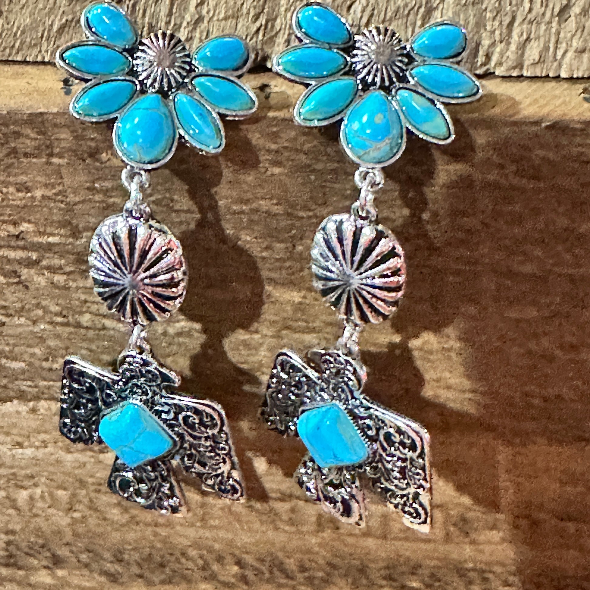 Navajo Thunderbirds & Turquoise: Enchanting Three Charm Dangle Earrings Silver Elegant
