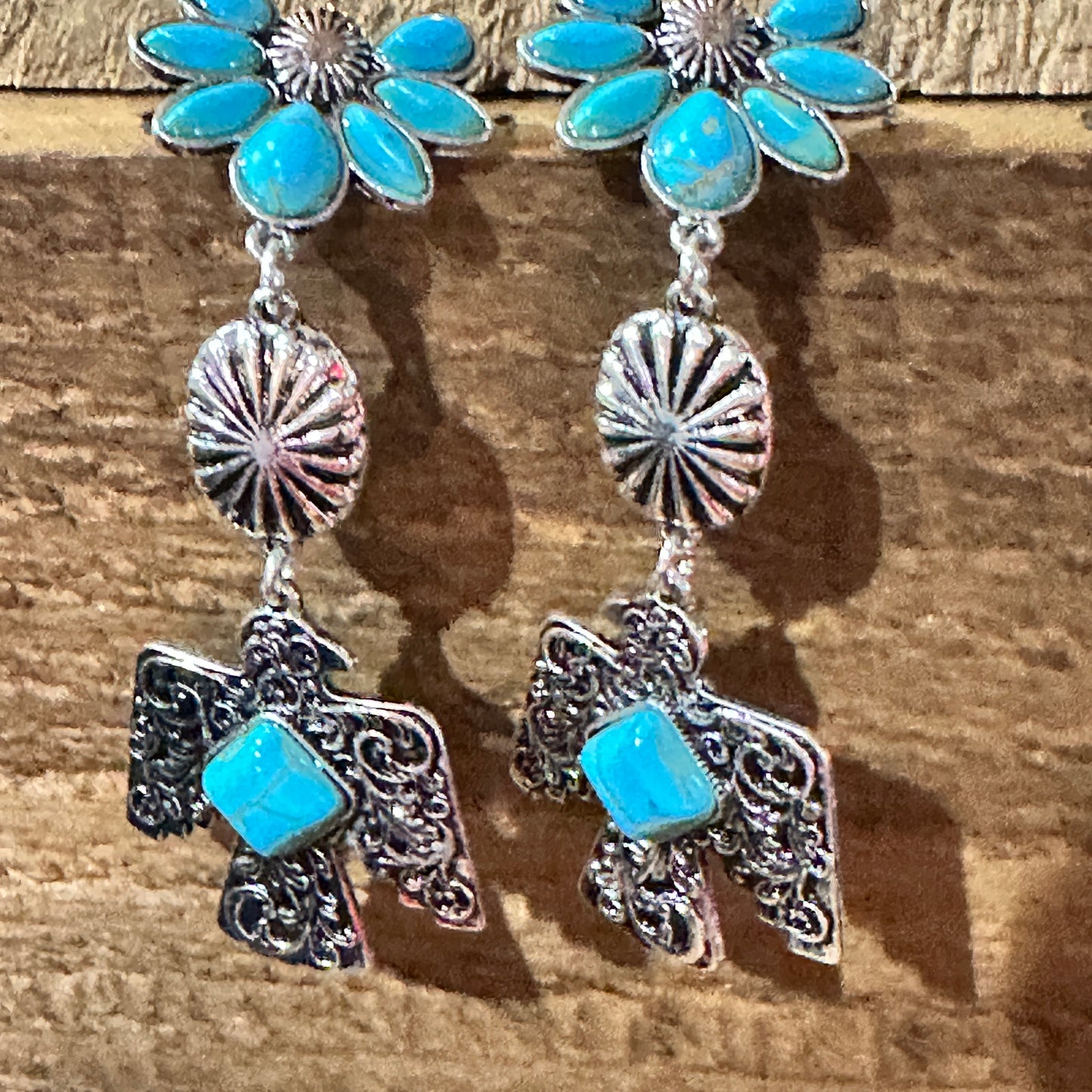 Navajo Thunderbirds & Turquoise: Enchanting Three Charm Dangle Earrings Silver Elegant