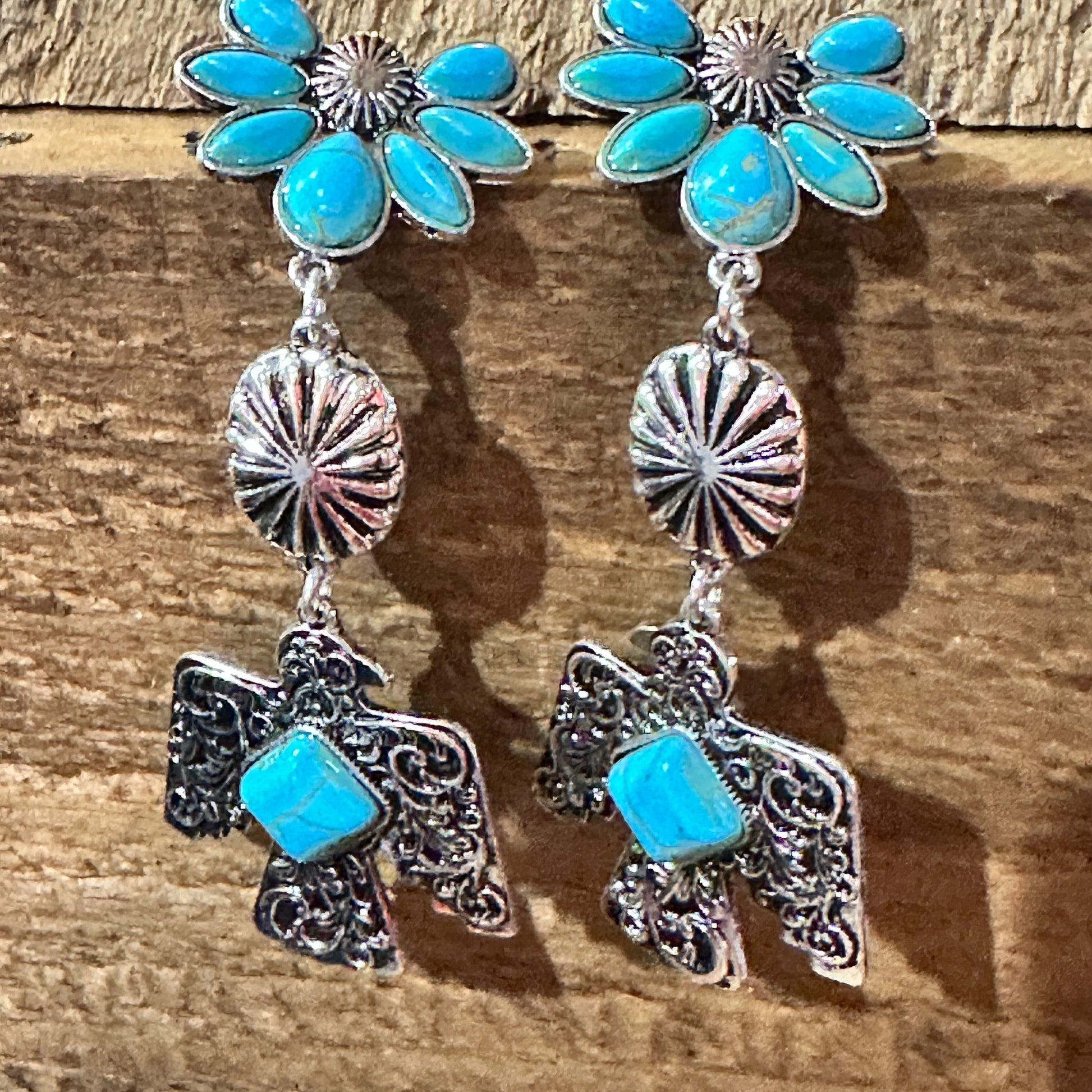 Navajo Thunderbirds & Turquoise: Enchanting Three Charm Dangle Earrings Silver Elegant