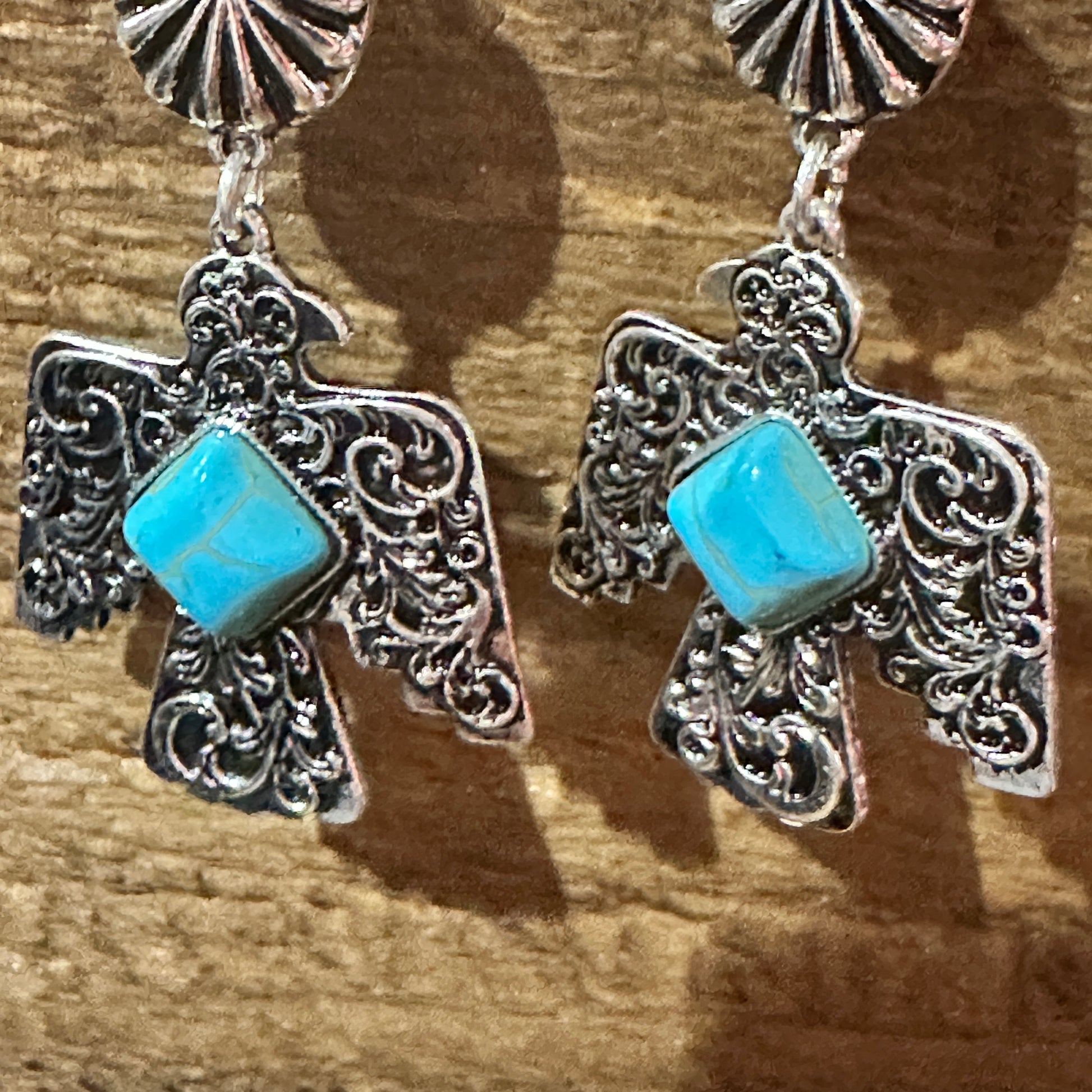 Navajo Thunderbirds & Turquoise: Enchanting Three Charm Dangle Earrings Silver Elegant
