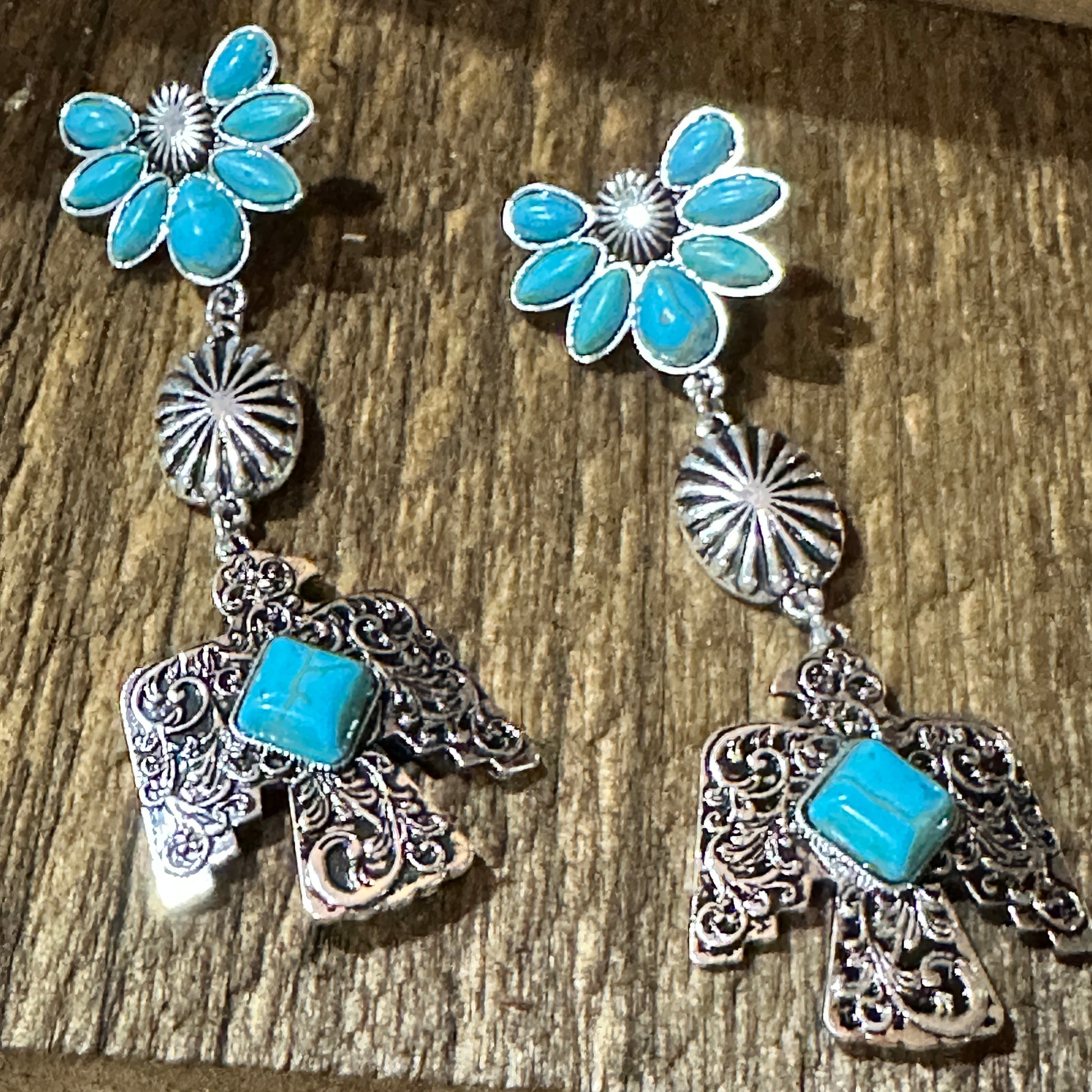Navajo Thunderbirds & Turquoise: Enchanting Three Charm Dangle Earrings Silver Elegant