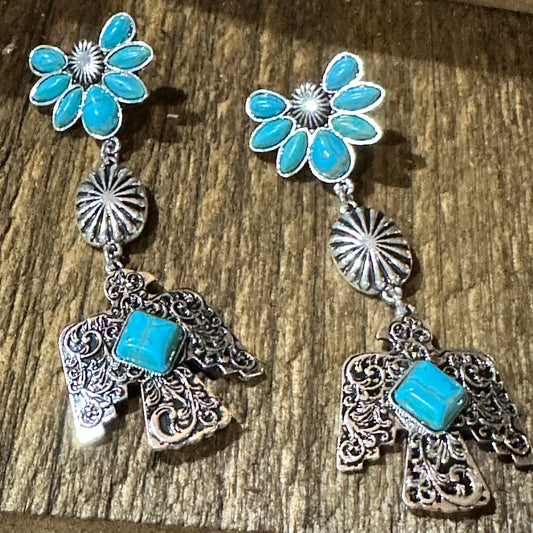 Navajo Thunderbirds & Turquoise: Enchanting Three Charm Dangle Earrings Silver Elegant