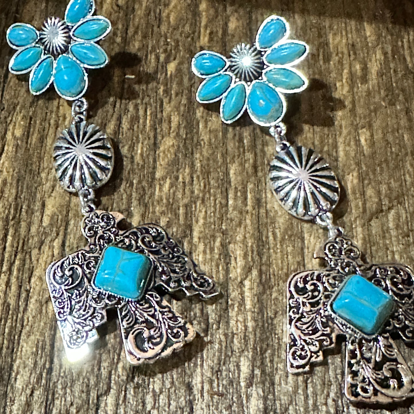 Navajo Thunderbirds & Turquoise: Enchanting Three Charm Dangle Earrings Silver Elegant