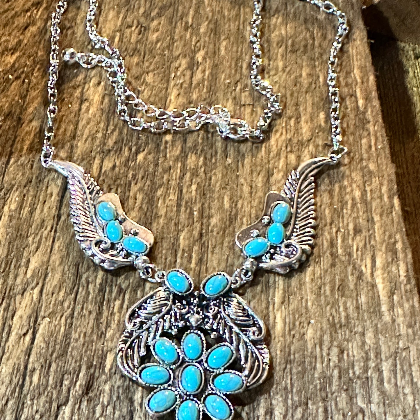 Handcrafted Faux Turquoise Stone Necklace With Mixed Metals Boho Charm Silver Elegant