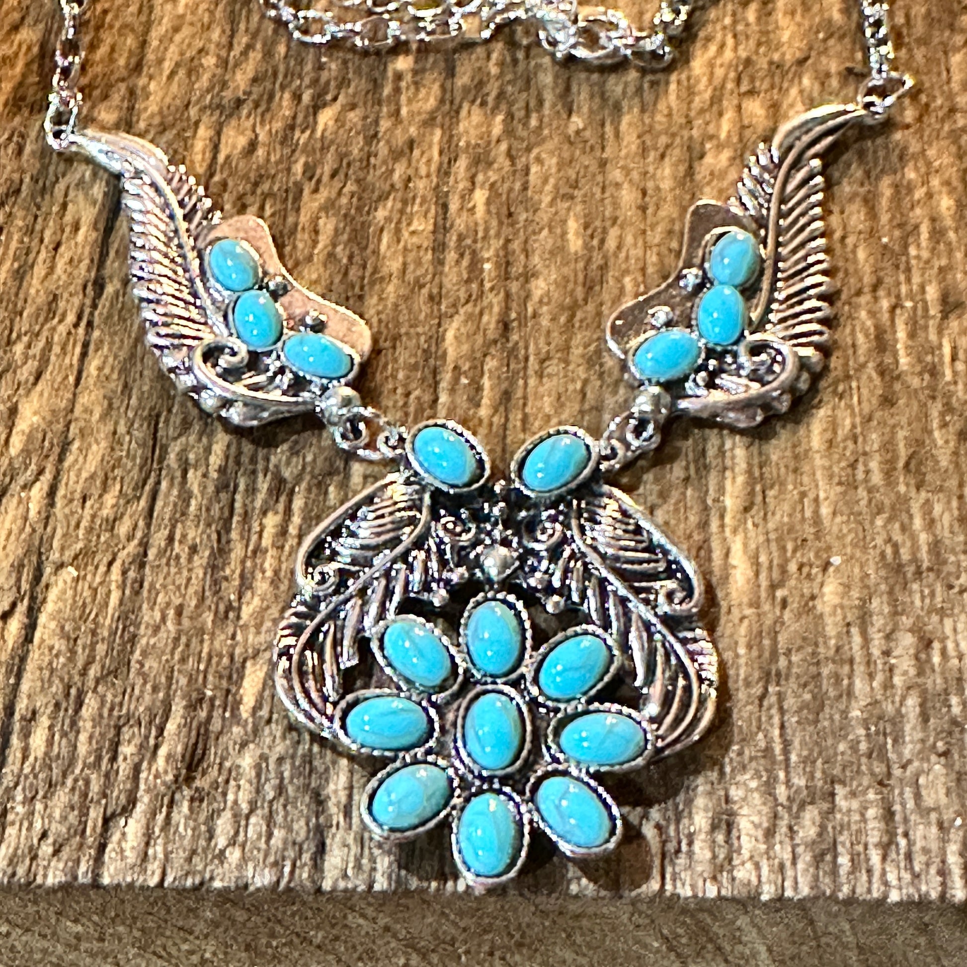 Handcrafted Faux Turquoise Stone Necklace With Mixed Metals Boho Charm Silver Elegant