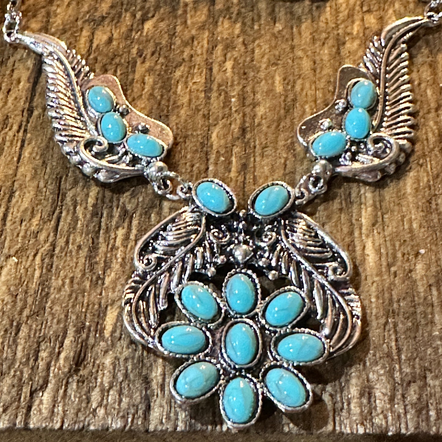 Handcrafted Faux Turquoise Stone Necklace With Mixed Metals Boho Charm Silver Elegant