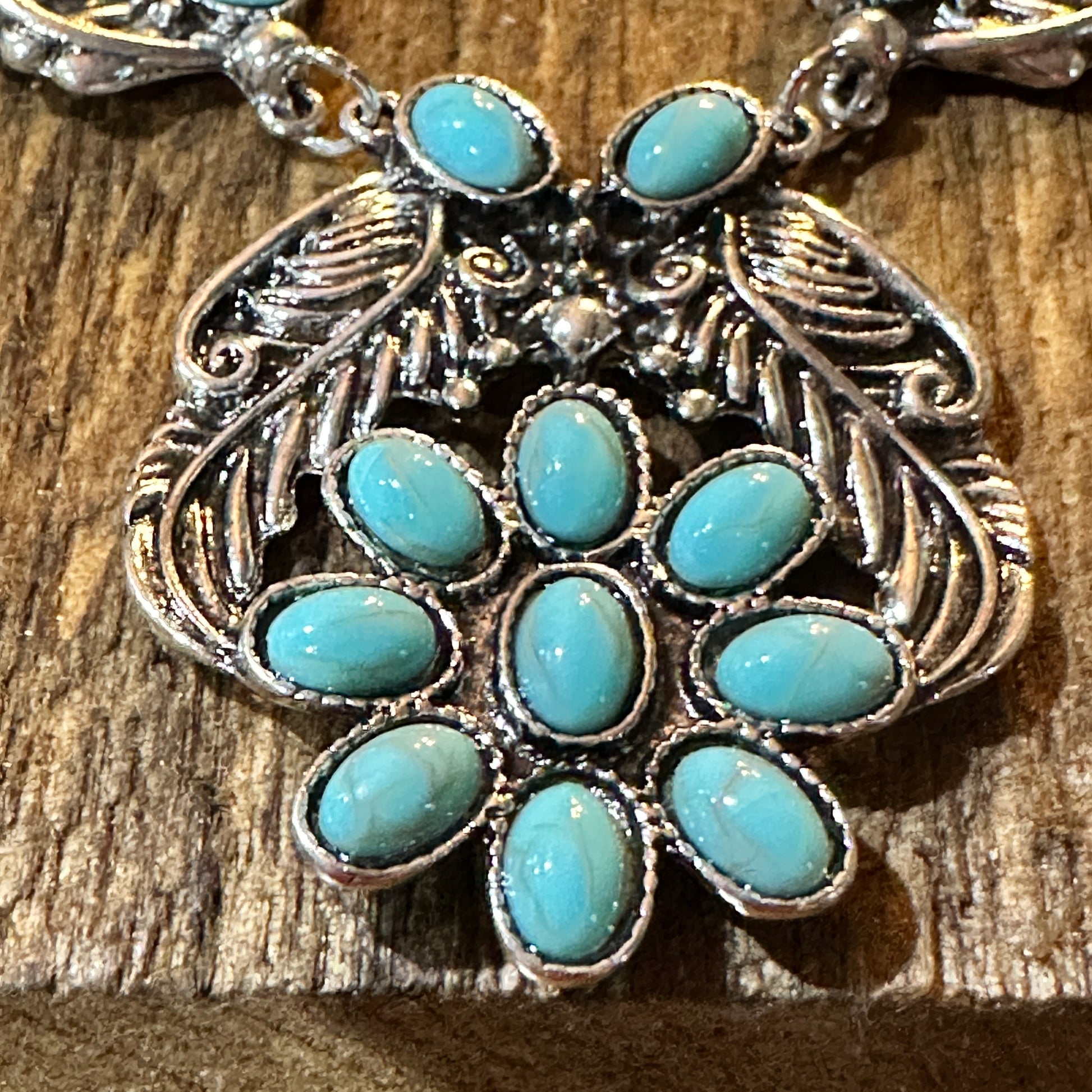 Handcrafted Faux Turquoise Stone Necklace With Mixed Metals Boho Charm Silver Elegant