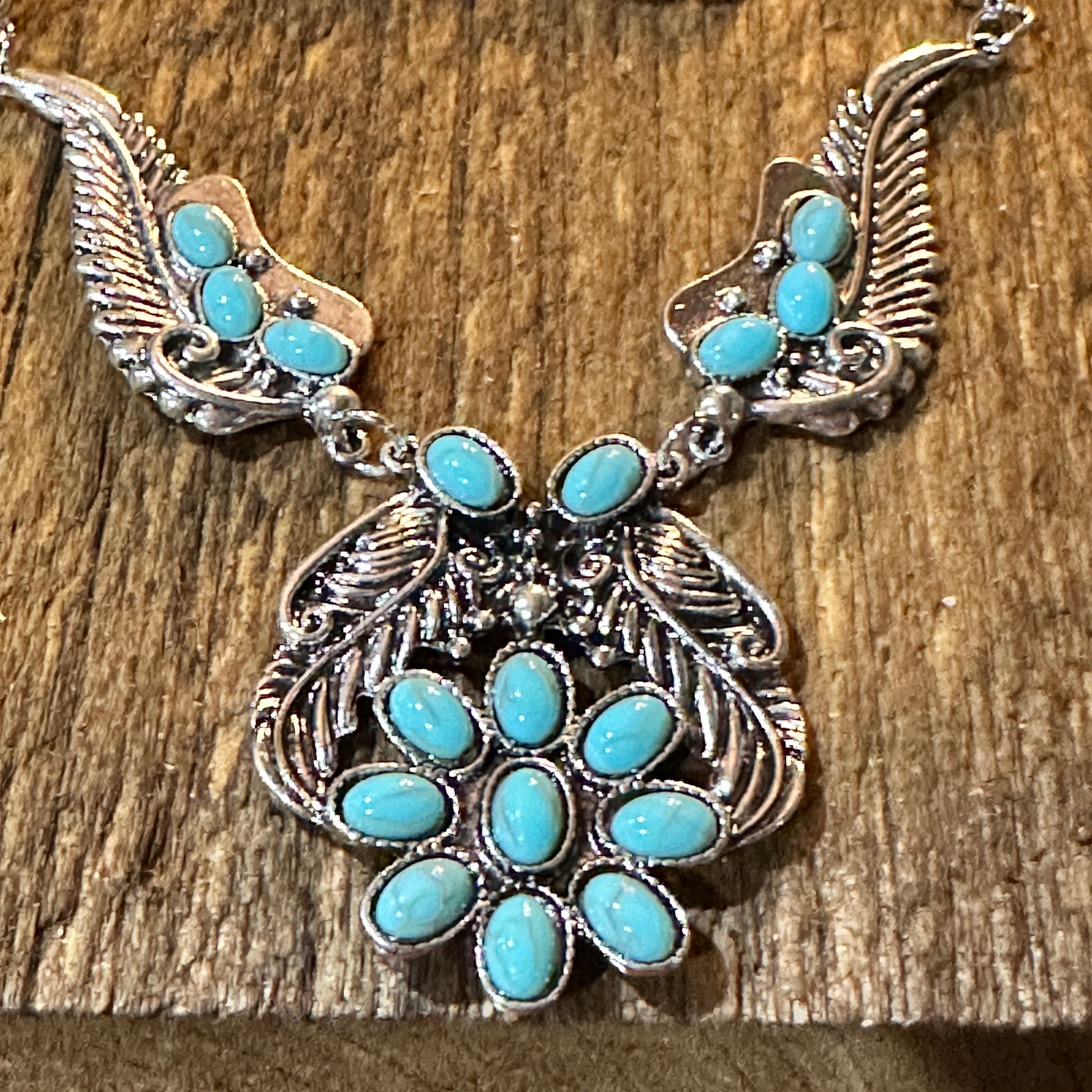 Handcrafted Faux Turquoise Stone Necklace With Mixed Metals Boho Charm Silver Elegant