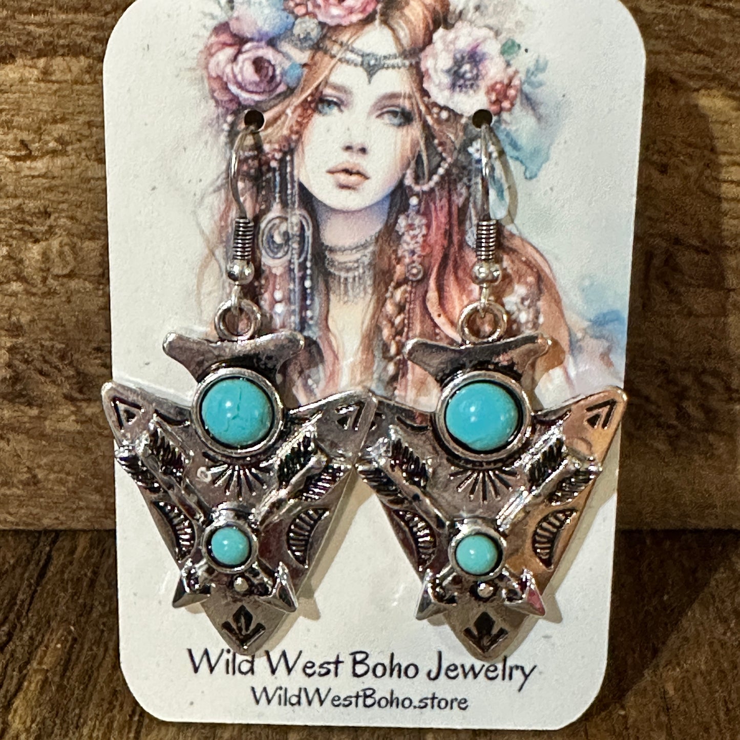 Boho Chic Turquoise-Embellished Native Arrowhead Dangle Earrings, Gift Box Silver Elegant