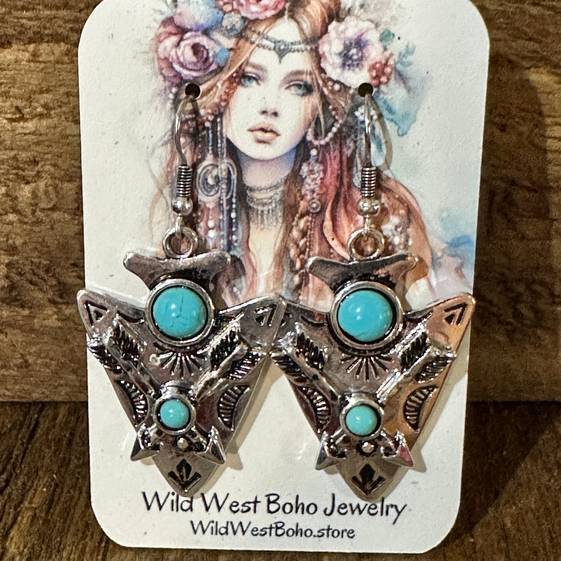 Boho Chic Turquoise-Embellished Native Arrowhead Dangle Earrings, Gift Box Silver Elegant