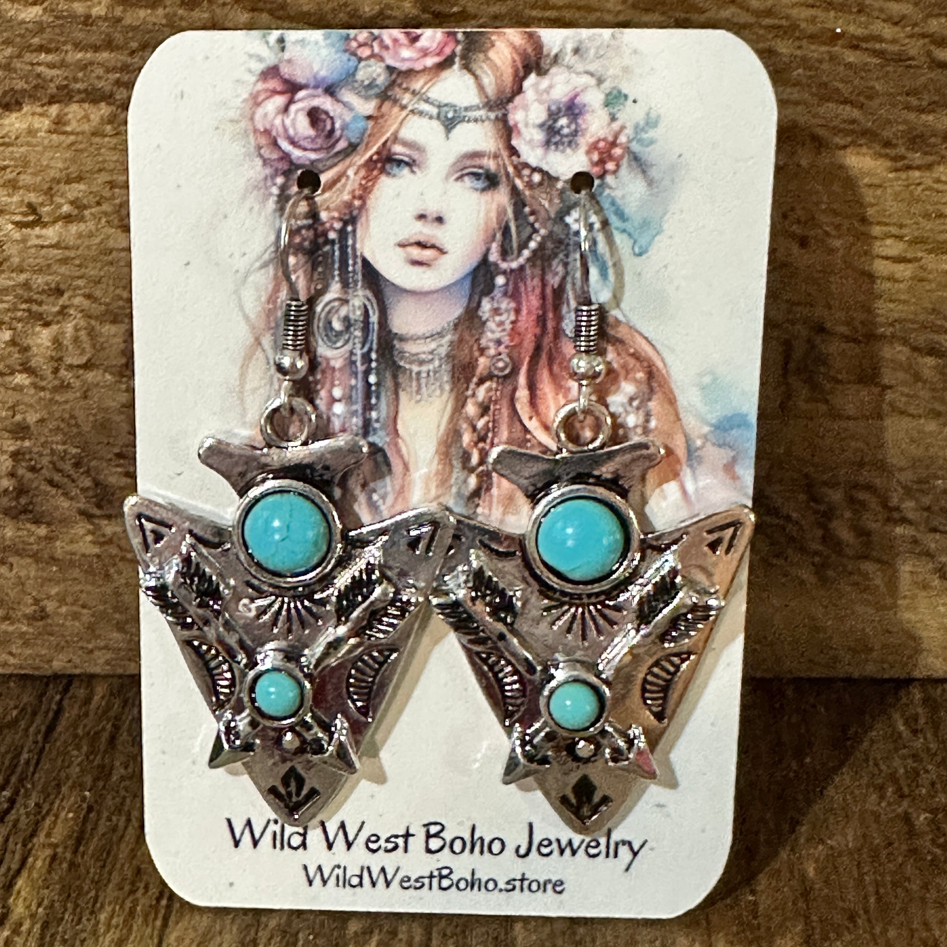 Boho Chic Turquoise-Embellished Native Arrowhead Dangle Earrings, Gift Box Silver Elegant
