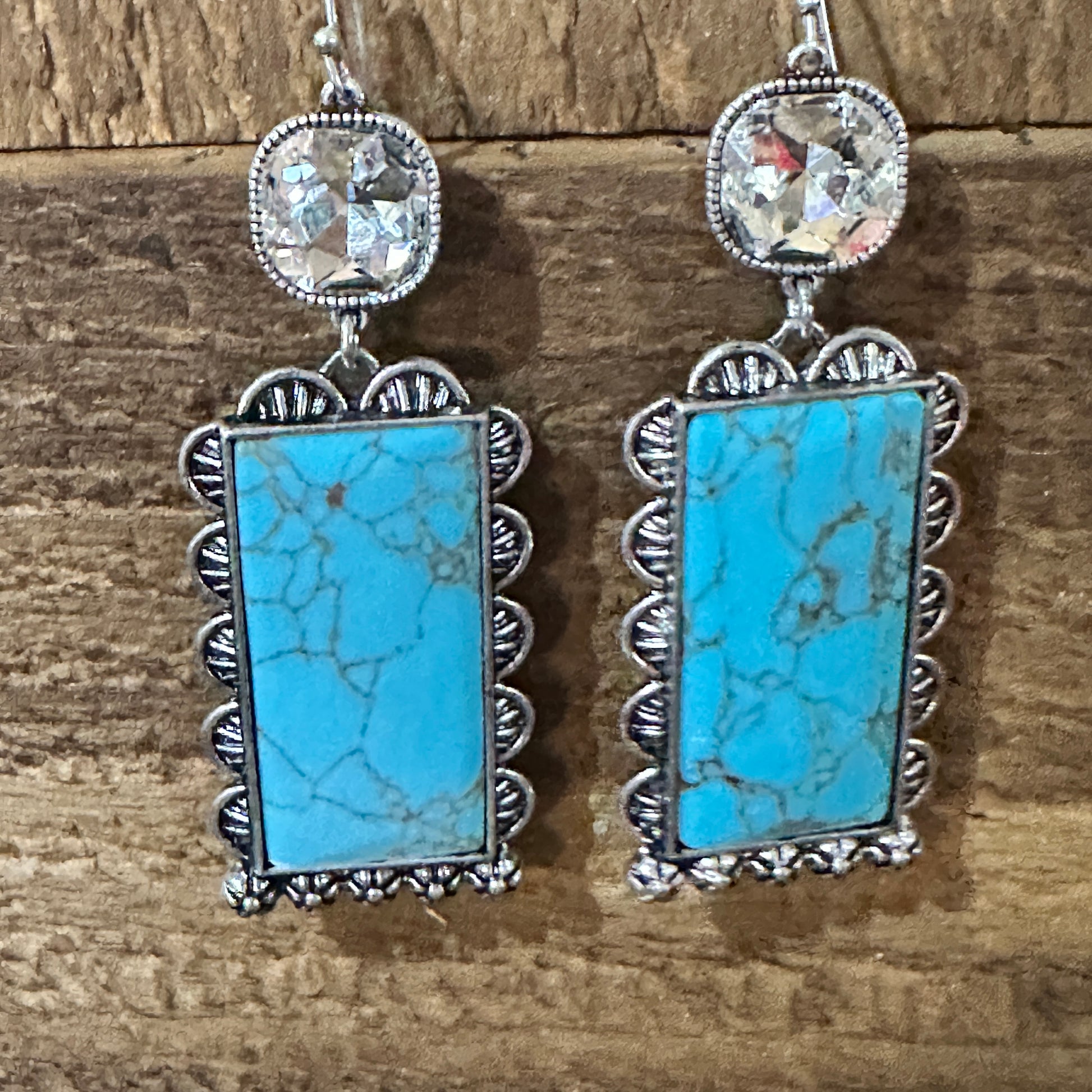 Boho Turquoise Elegance: Crystal-Studded Rectangle Earrings, Gift Box Silver Elegant