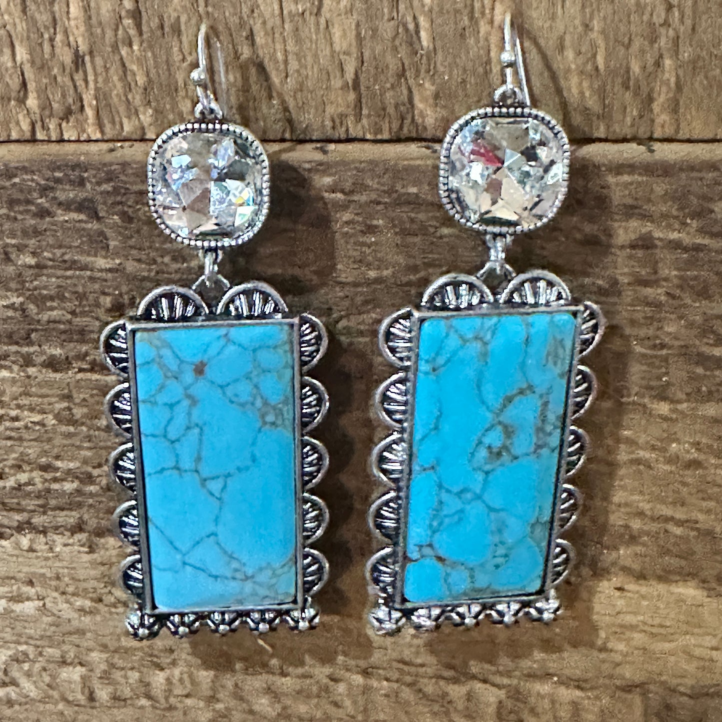 Boho Turquoise Elegance: Crystal-Studded Rectangle Earrings, Gift Box Silver Elegant