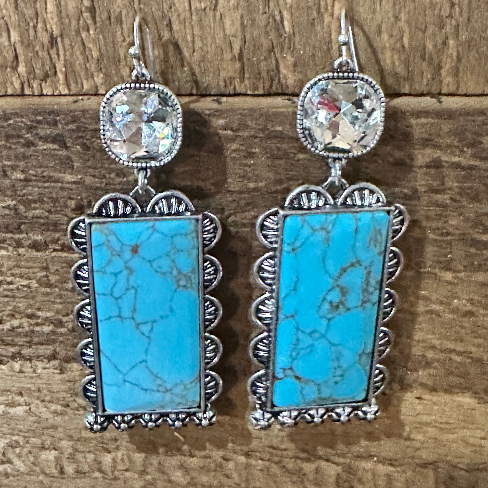 Boho Turquoise Elegance: Crystal-Studded Rectangle Earrings, Gift Box Silver Elegant