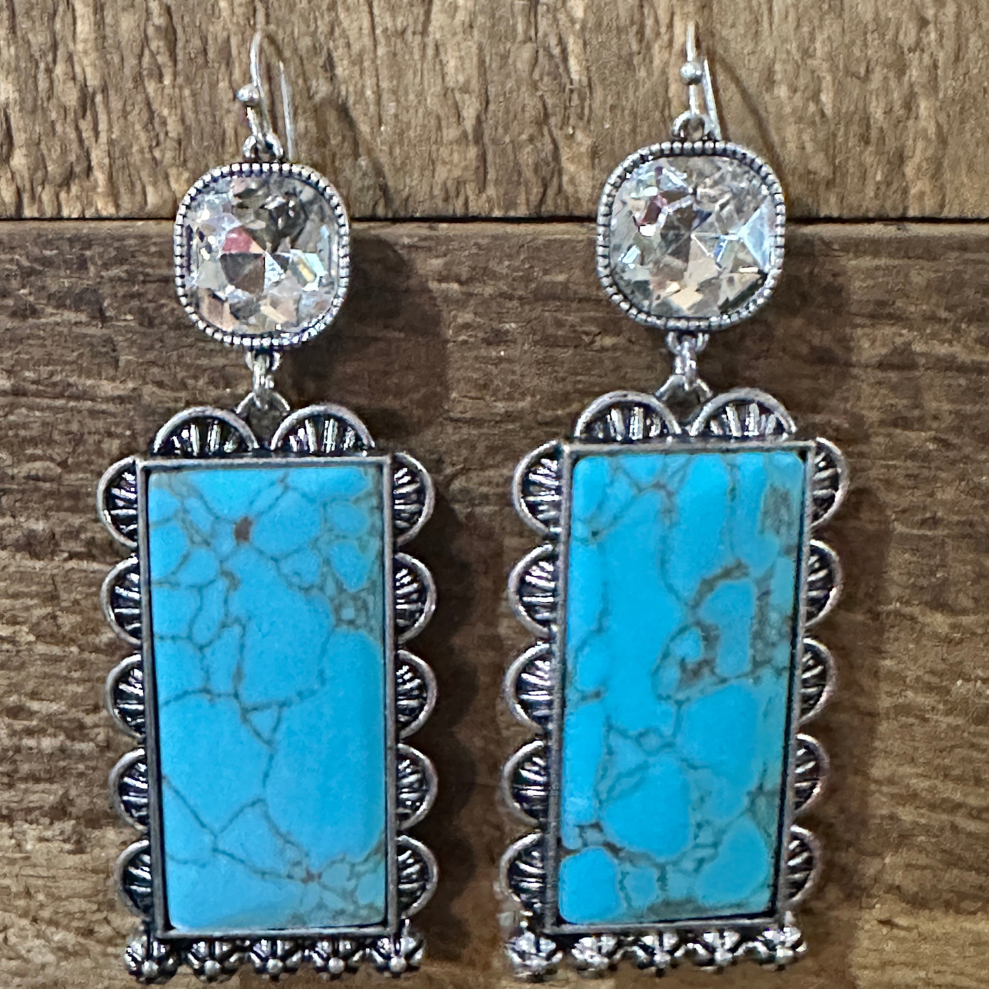 Boho Turquoise Elegance: Crystal-Studded Rectangle Earrings, Gift Box Silver Elegant