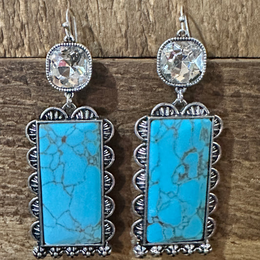 Boho Turquoise Elegance: Crystal-Studded Rectangle Earrings, Gift Box Silver Elegant