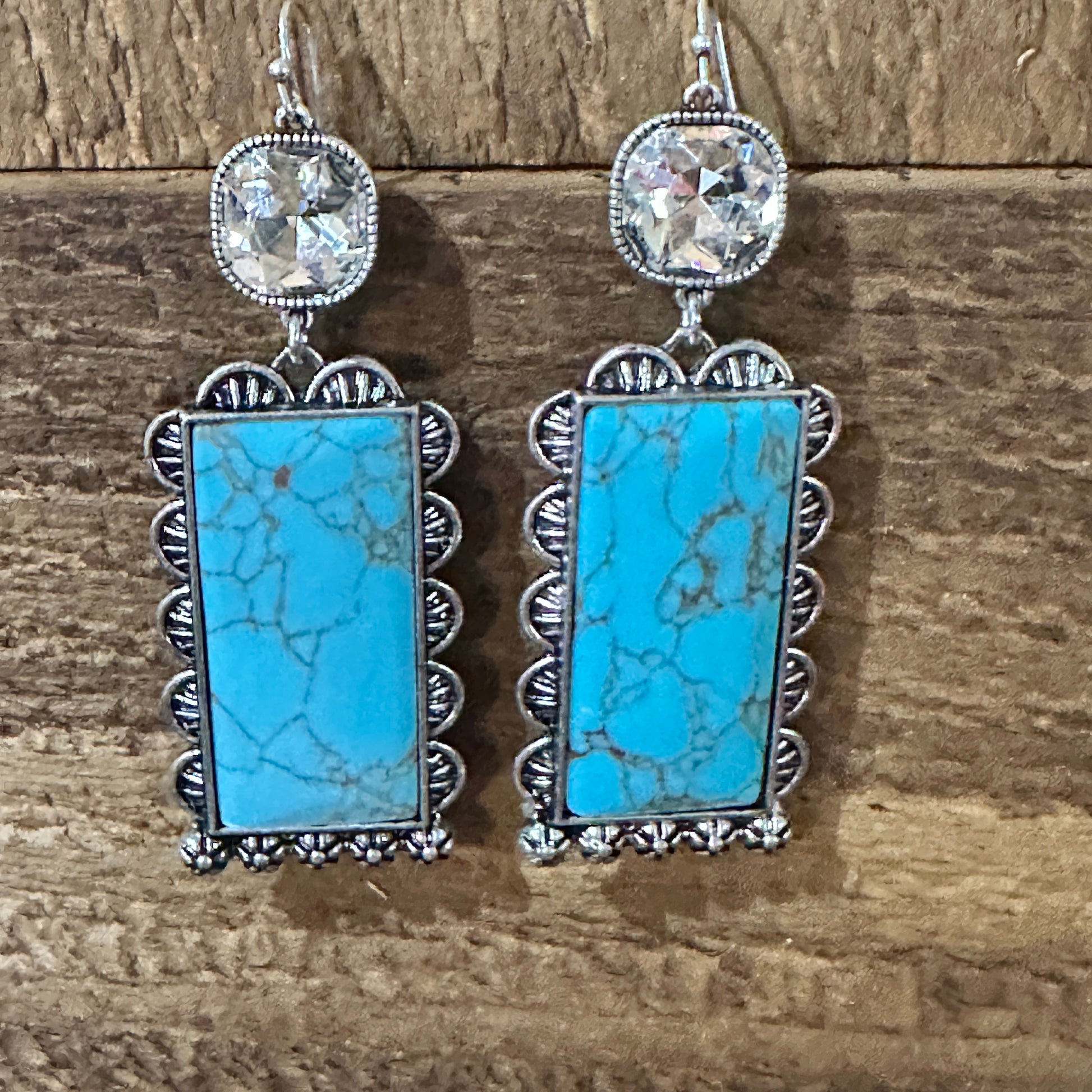 Boho Turquoise Elegance: Crystal-Studded Rectangle Earrings, Gift Box Silver Elegant