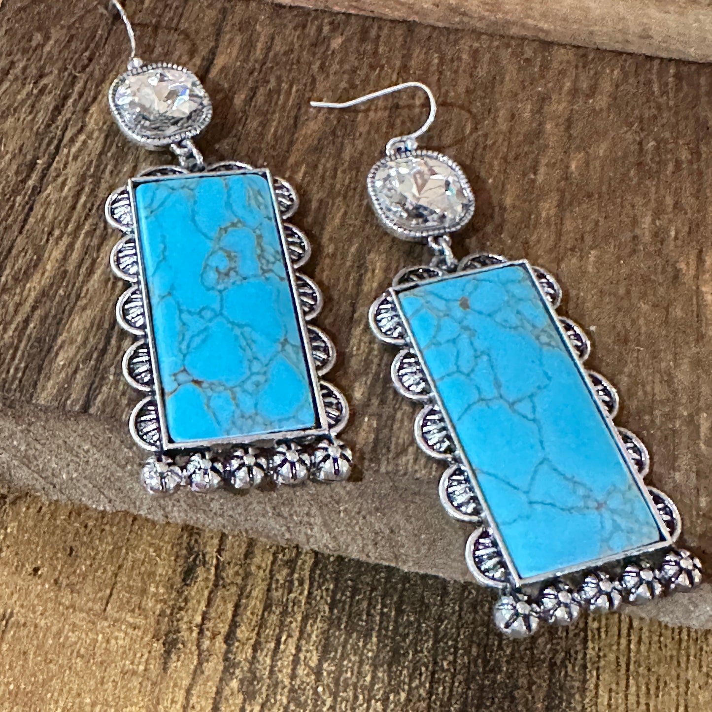 Boho Turquoise Elegance: Crystal-Studded Rectangle Earrings, Gift Box Silver Elegant