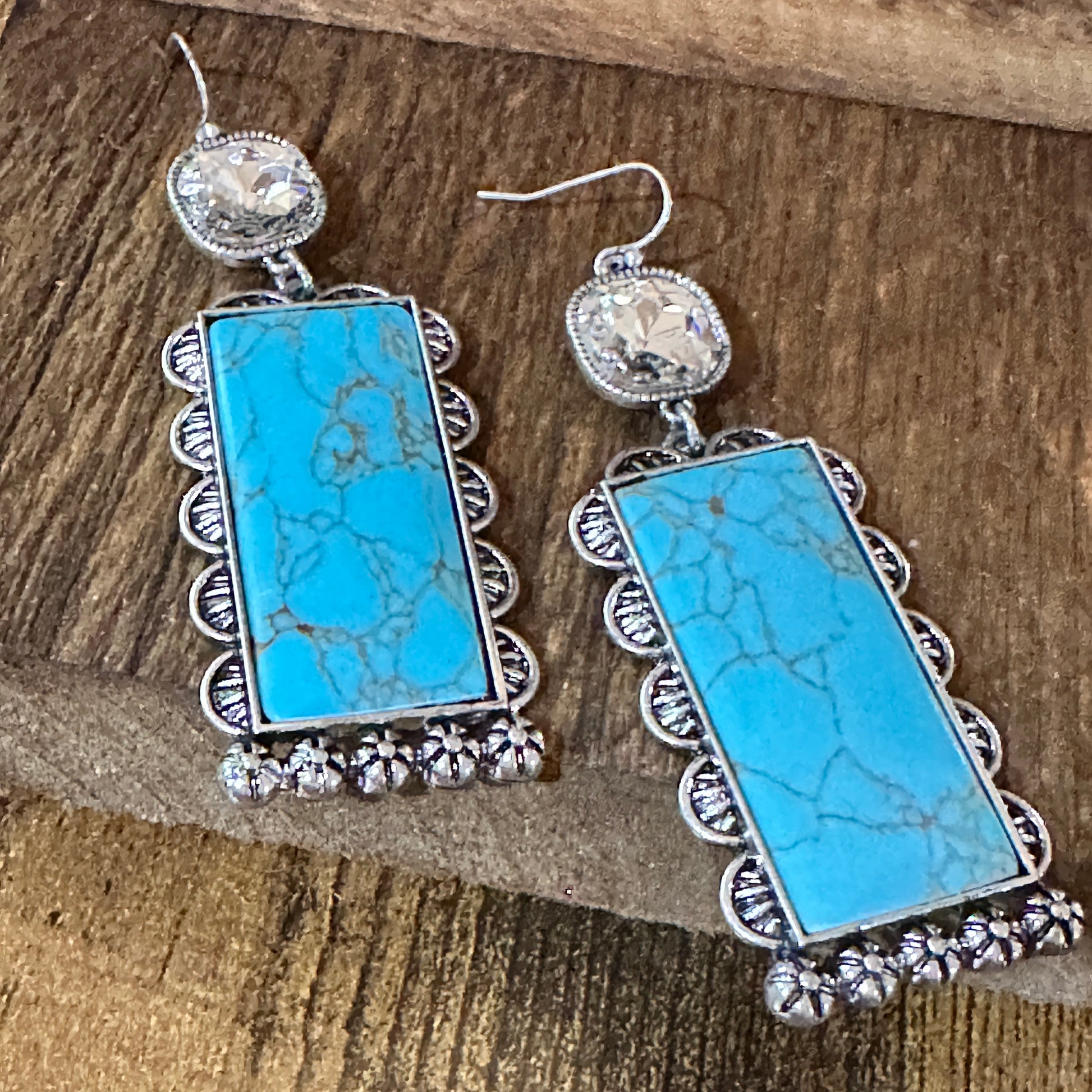 Boho Turquoise Elegance: Crystal-Studded Rectangle Earrings, Gift Box Silver Elegant