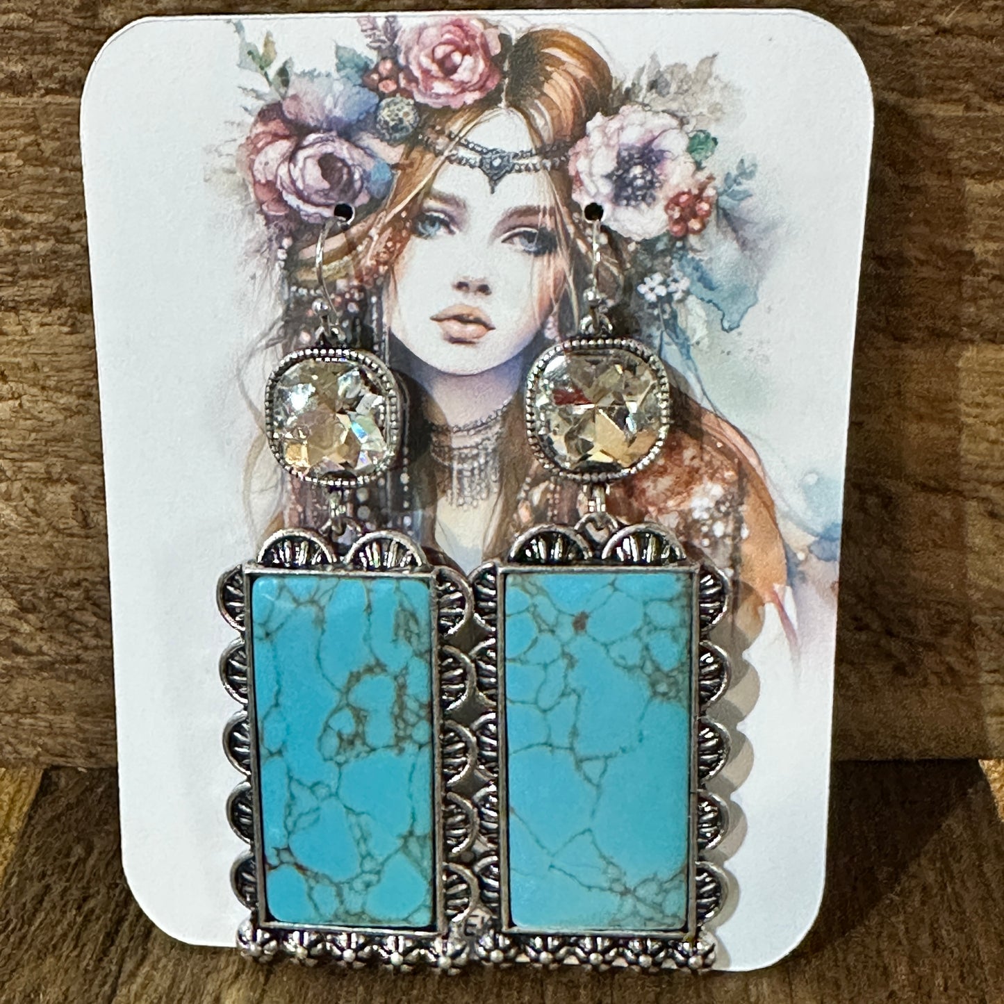 Boho Turquoise Elegance: Crystal-Studded Rectangle Earrings, Gift Box Silver Elegant