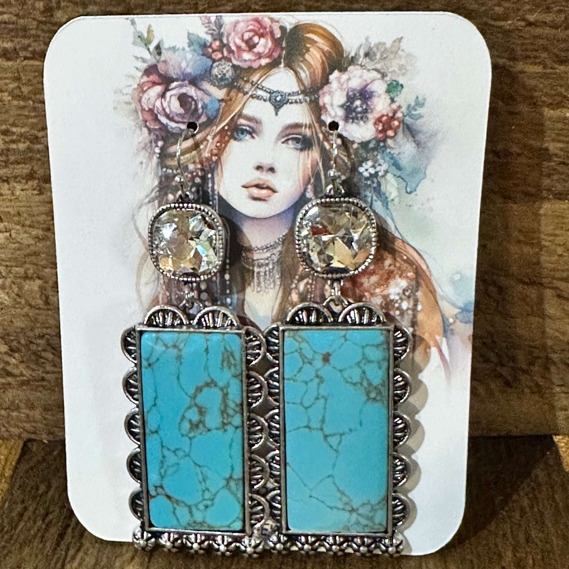 Boho Turquoise Elegance: Crystal-Studded Rectangle Earrings, Gift Box Silver Elegant