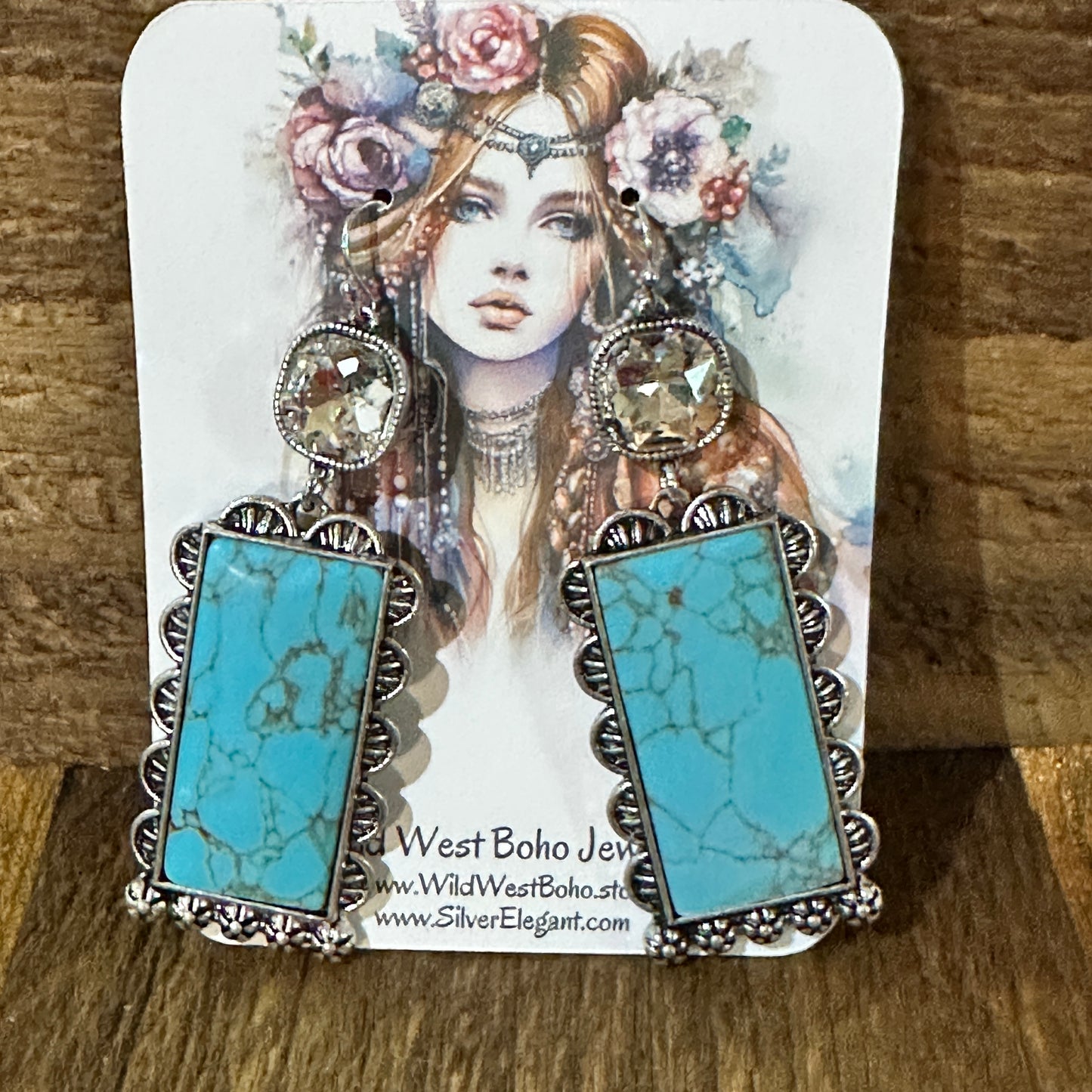 Boho Turquoise Elegance: Crystal-Studded Rectangle Earrings, Gift Box Silver Elegant