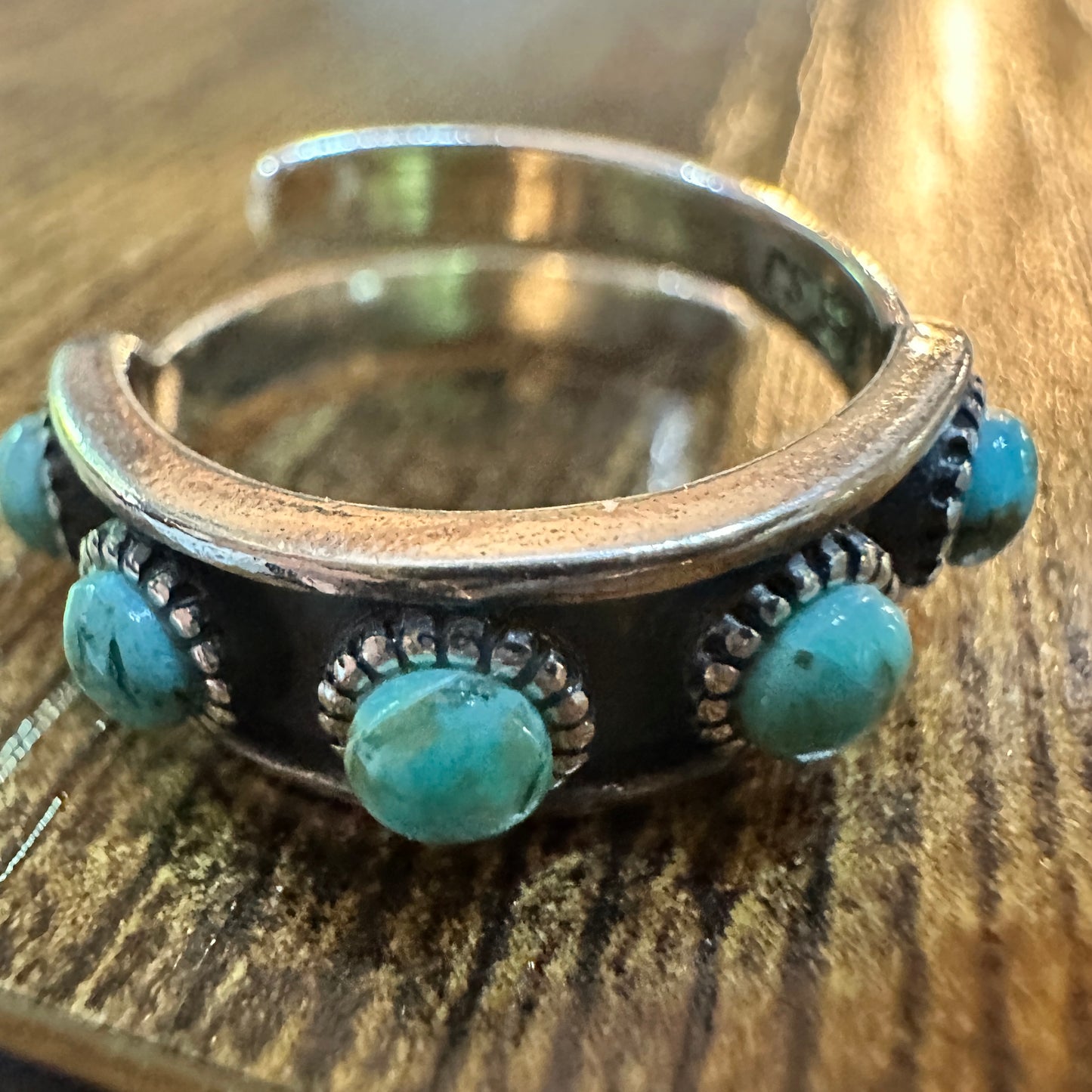 Boho Native Inspired Turquoise Elegance  Adjustable Sterling Silver Ring Band, Gift Box Silver Elegant
