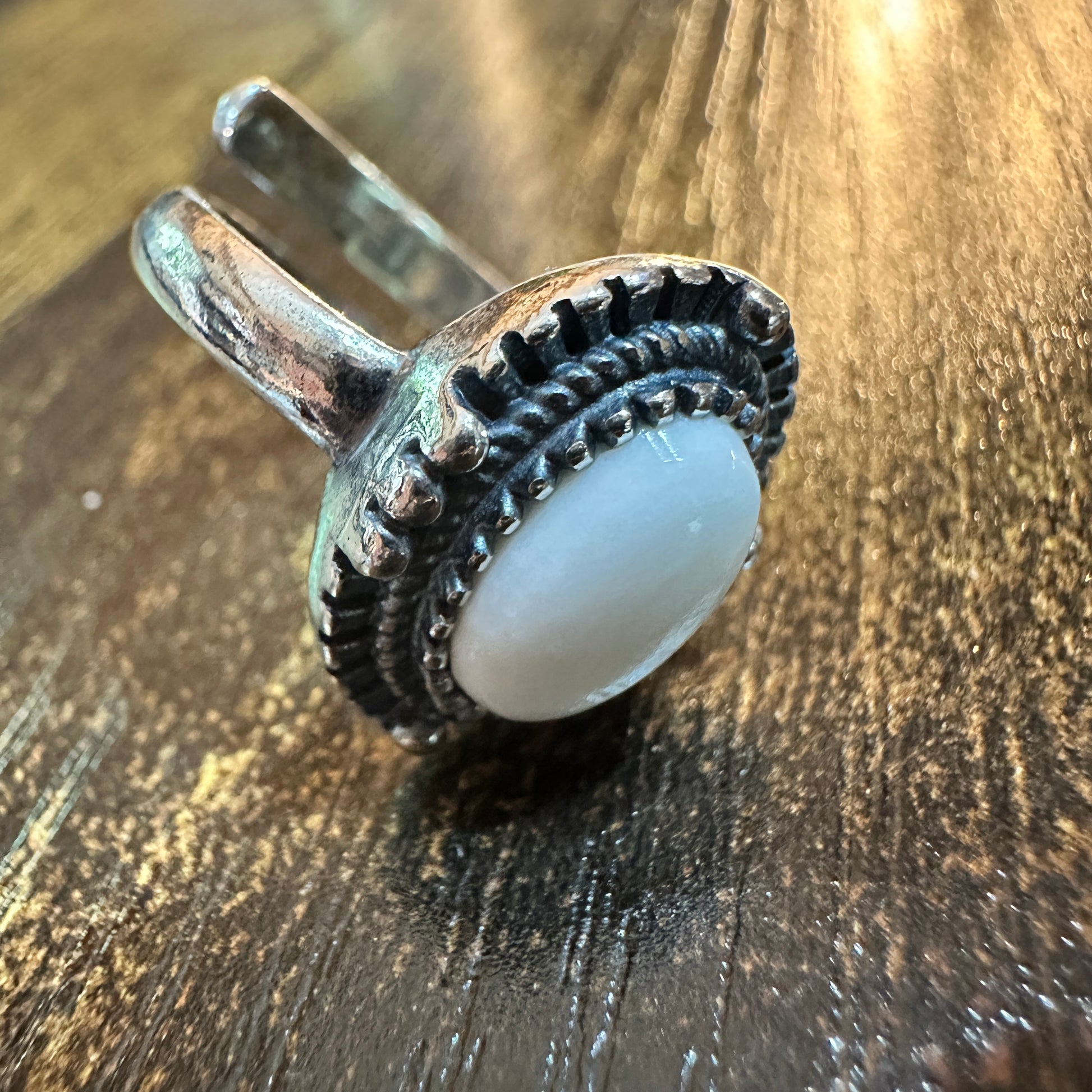 Boho Native Inspired Radiant White Agate Statement Ring, Sterling Silver, Gift Box Silver Elegant