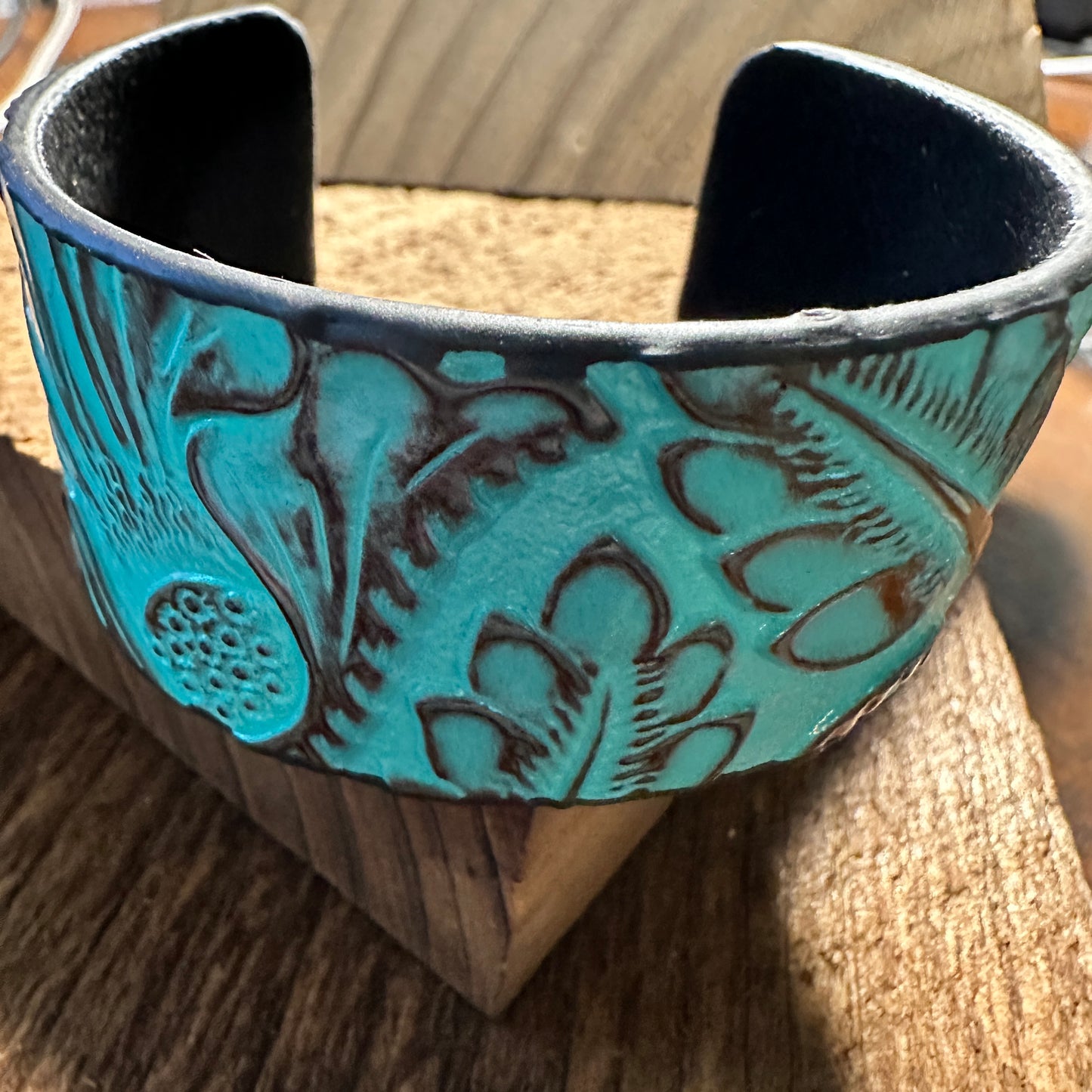 Boho Southwestern Leather Turquoise Floral Wide Cuff Bangle Bracelet, Ships in Gift Box Silver Elegant