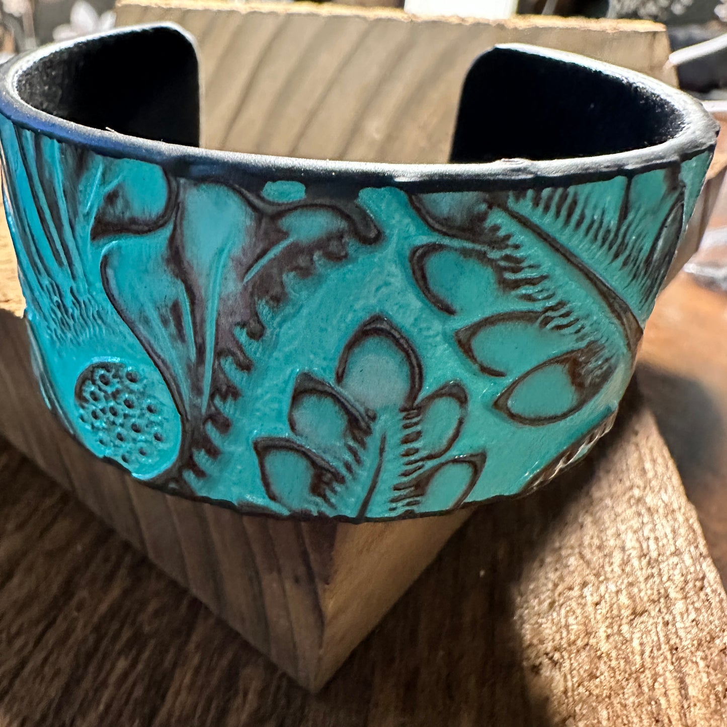 Boho Southwestern Leather Turquoise Floral Wide Cuff Bangle Bracelet, Ships in Gift Box Silver Elegant