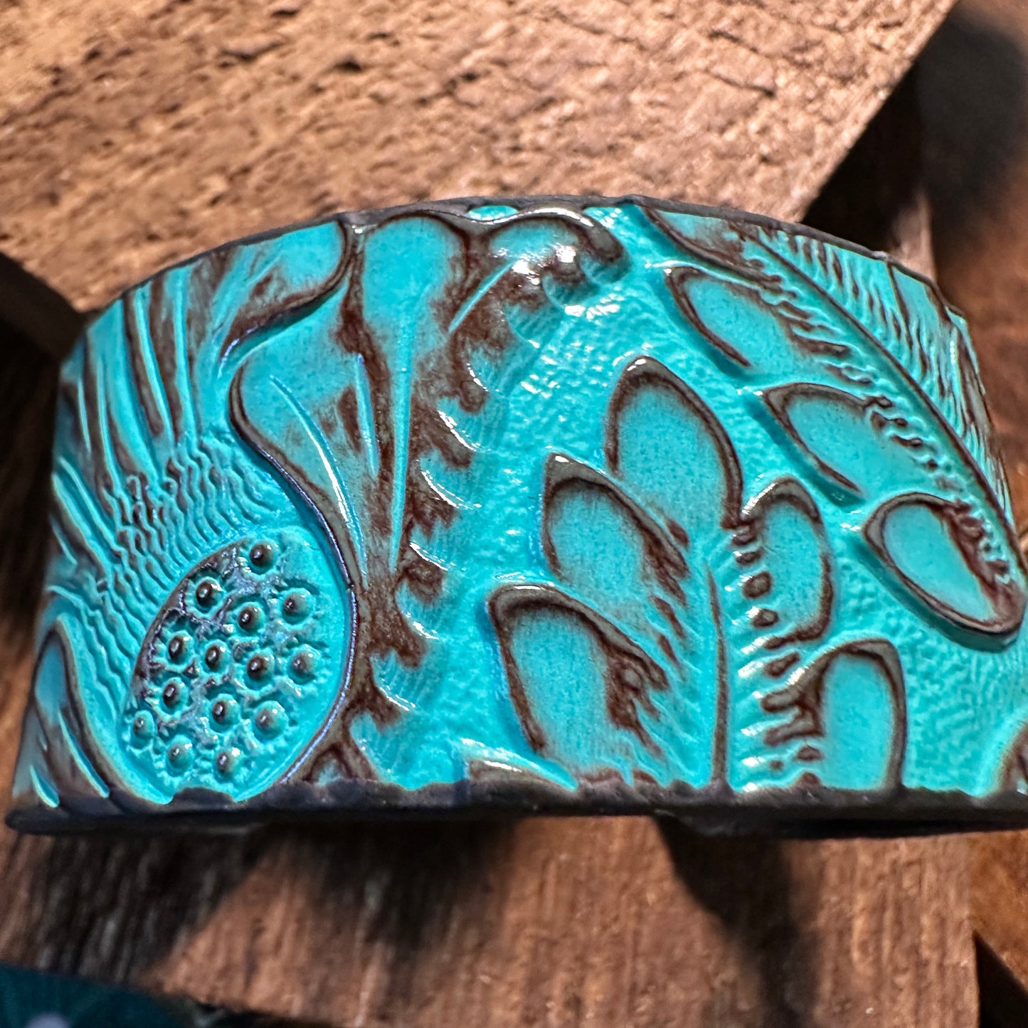 Boho Southwestern Leather Turquoise Floral Wide Cuff Bangle Bracelet, Ships in Gift Box Silver Elegant