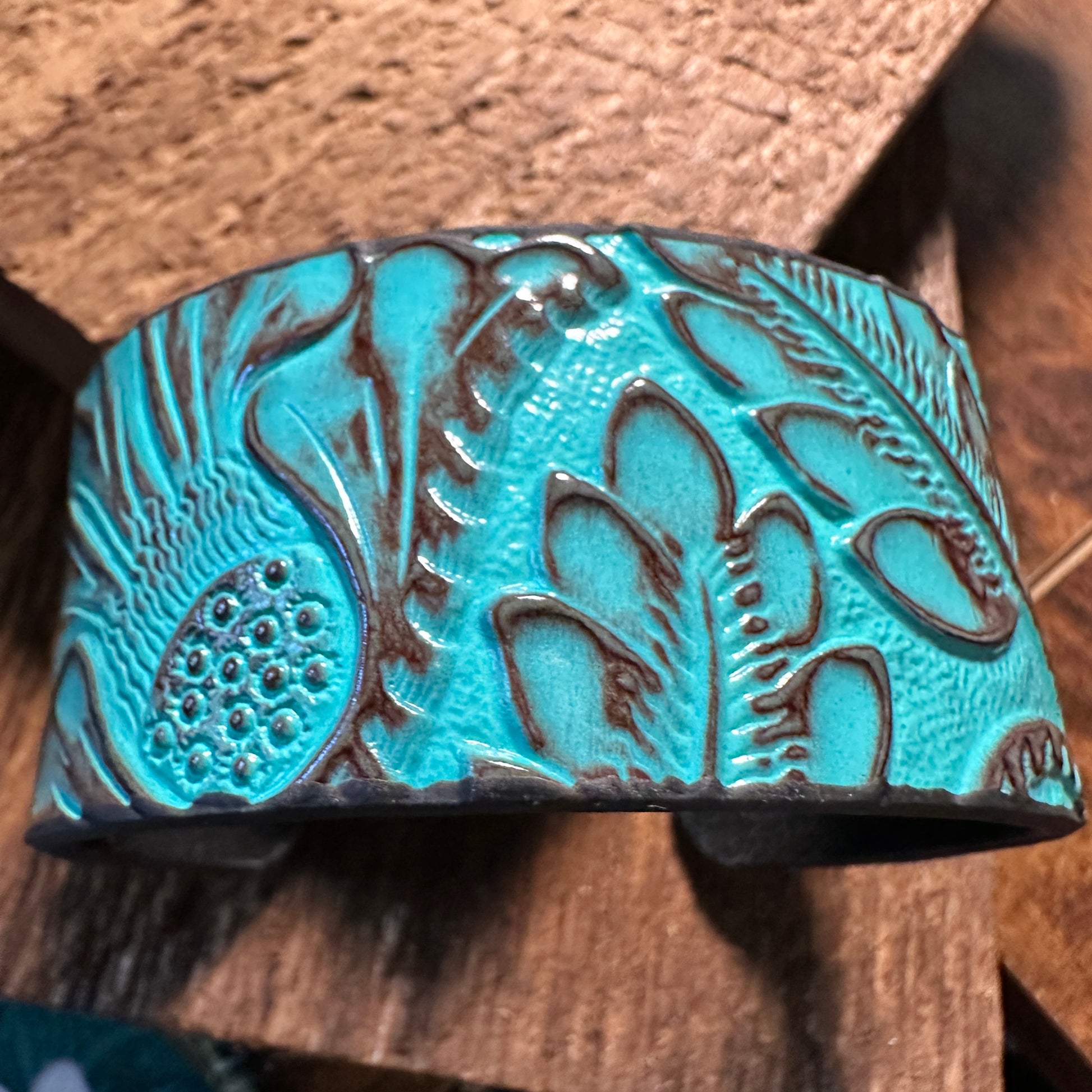 Boho Southwestern Leather Turquoise Floral Wide Cuff Bangle Bracelet, Ships in Gift Box Silver Elegant