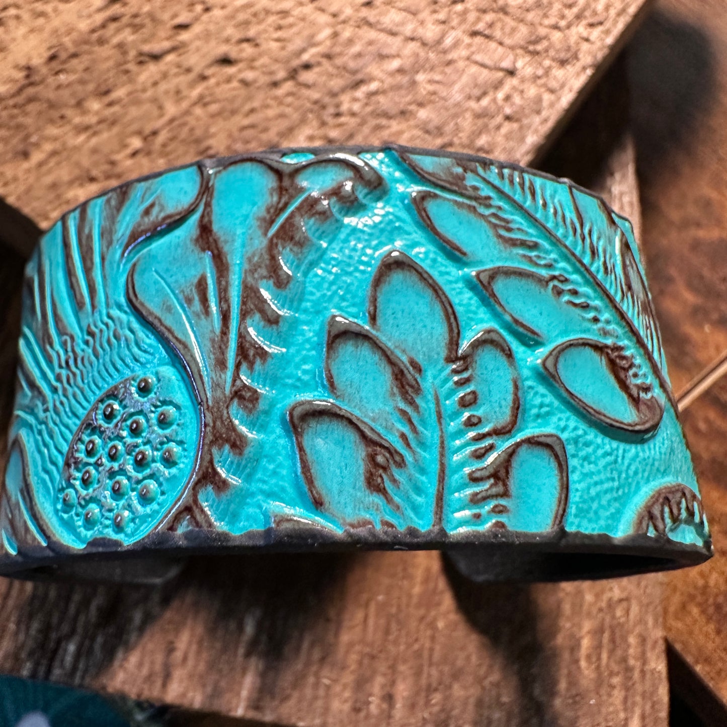 Boho Southwestern Leather Turquoise Floral Wide Cuff Bangle Bracelet, Ships in Gift Box Silver Elegant