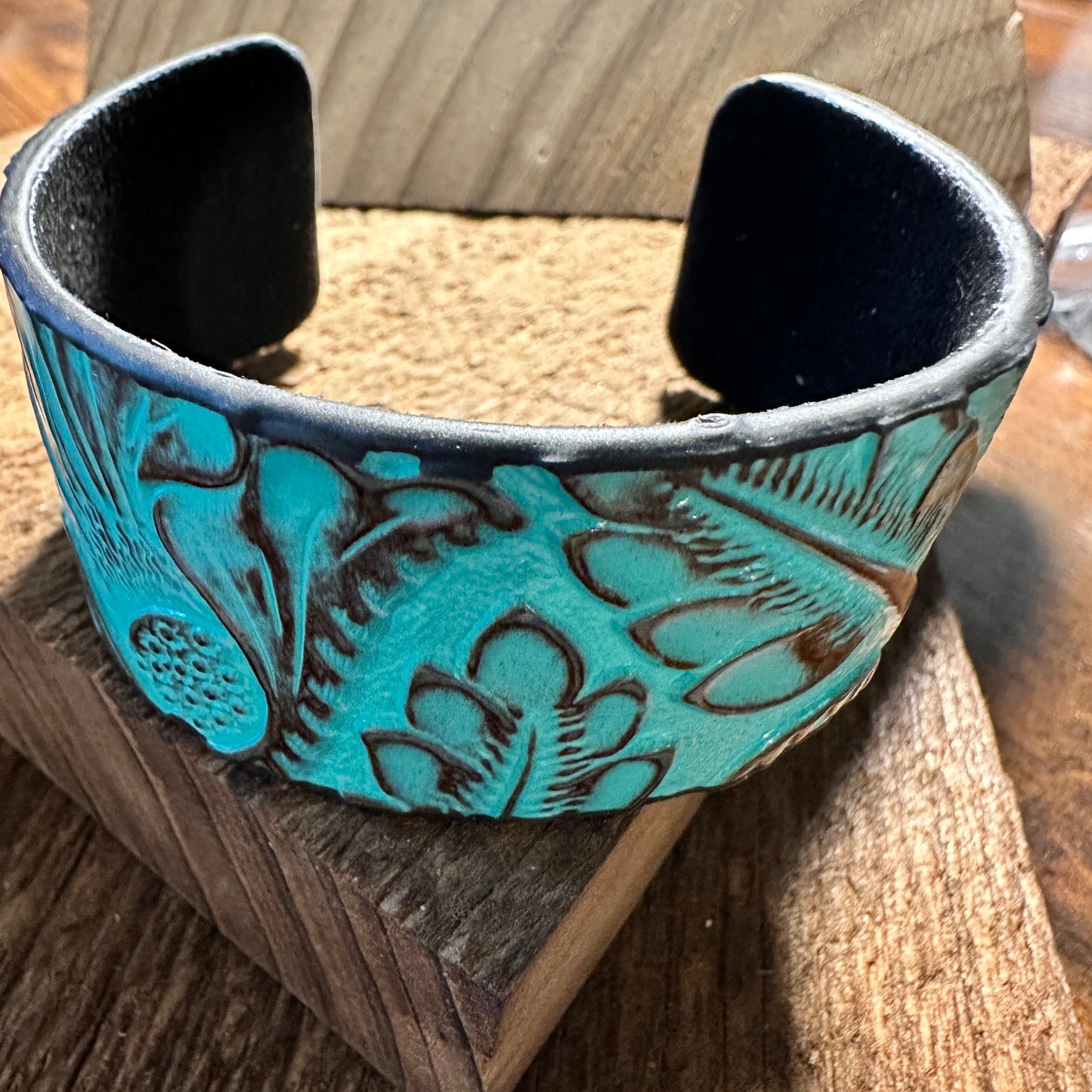 Boho Southwestern Leather Turquoise Floral Wide Cuff Bangle Bracelet, Ships in Gift Box Silver Elegant