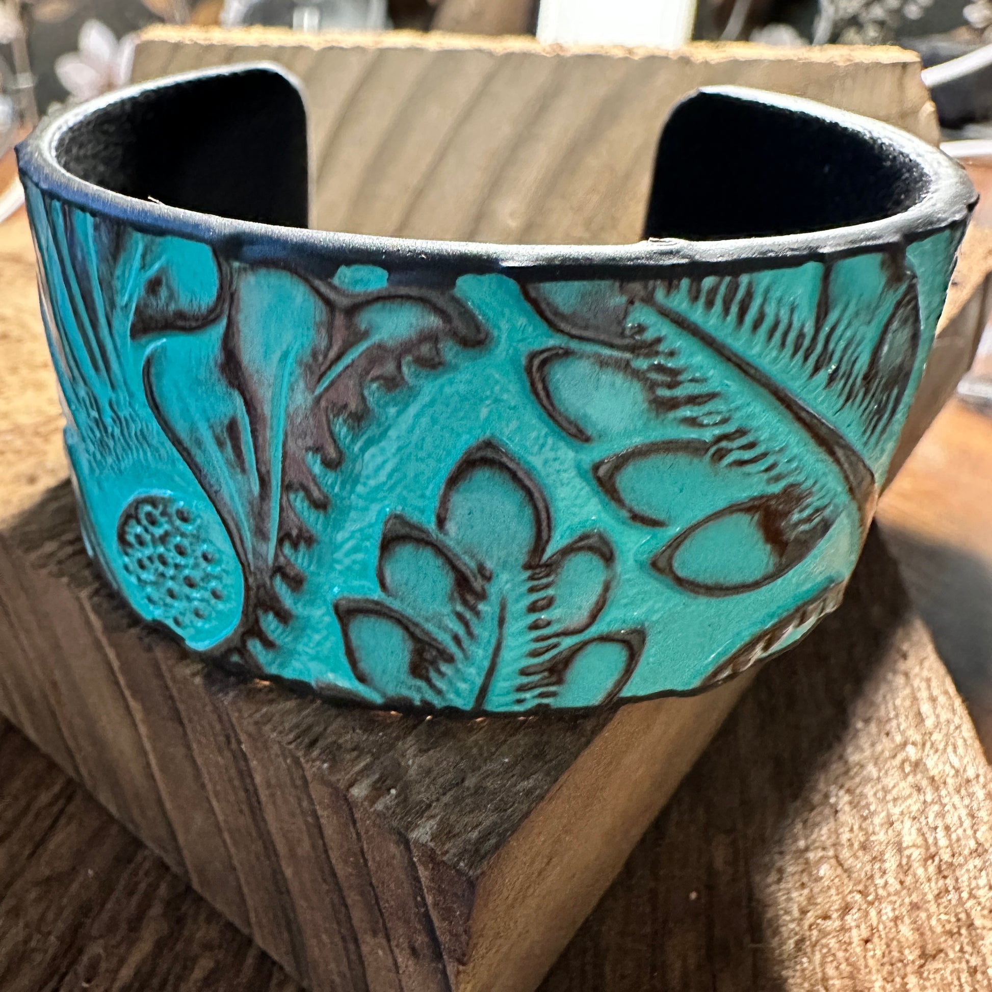 Boho Southwestern Leather Turquoise Floral Wide Cuff Bangle Bracelet, Ships in Gift Box Silver Elegant