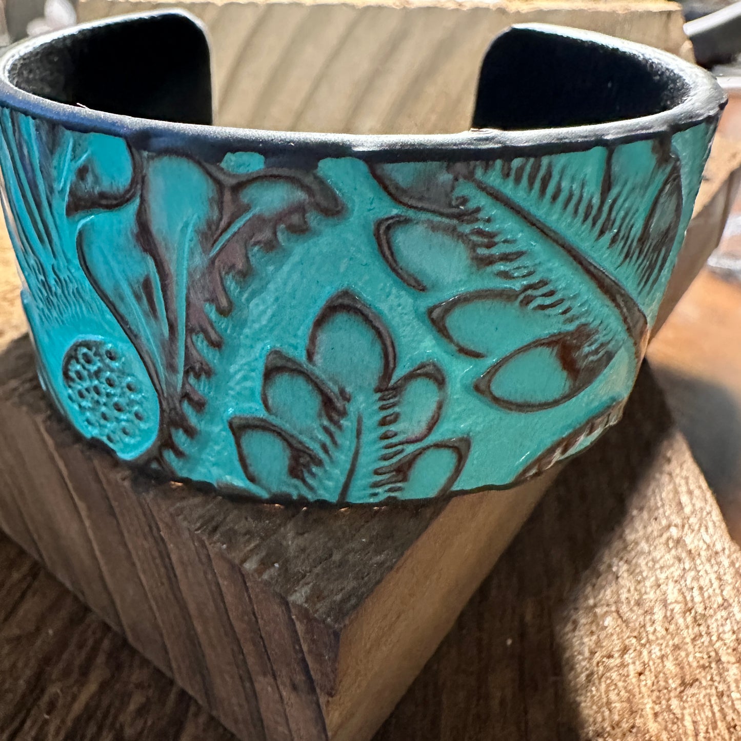 Boho Southwestern Leather Turquoise Floral Wide Cuff Bangle Bracelet, Ships in Gift Box Silver Elegant