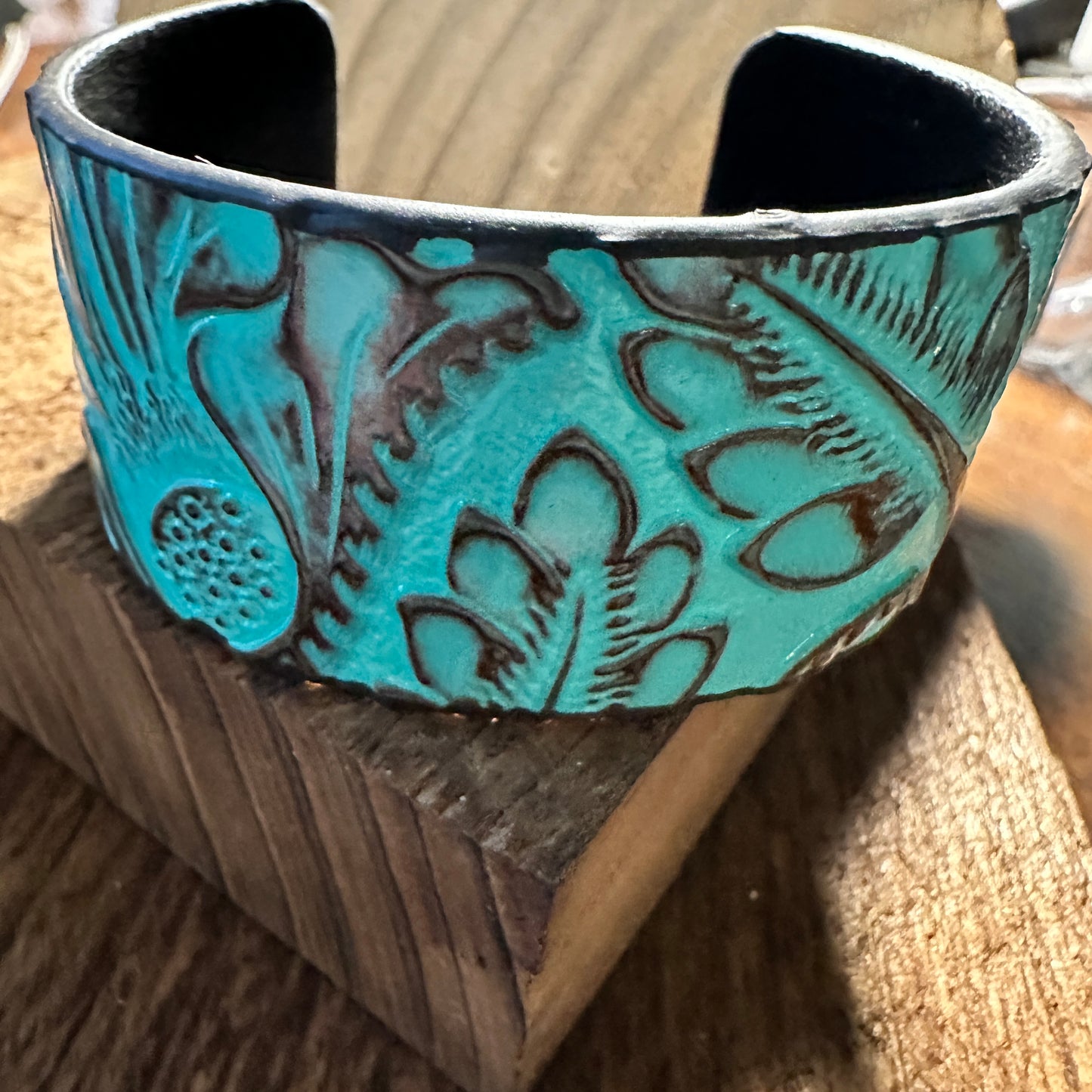 Boho Southwestern Leather Turquoise Floral Wide Cuff Bangle Bracelet, Ships in Gift Box Silver Elegant