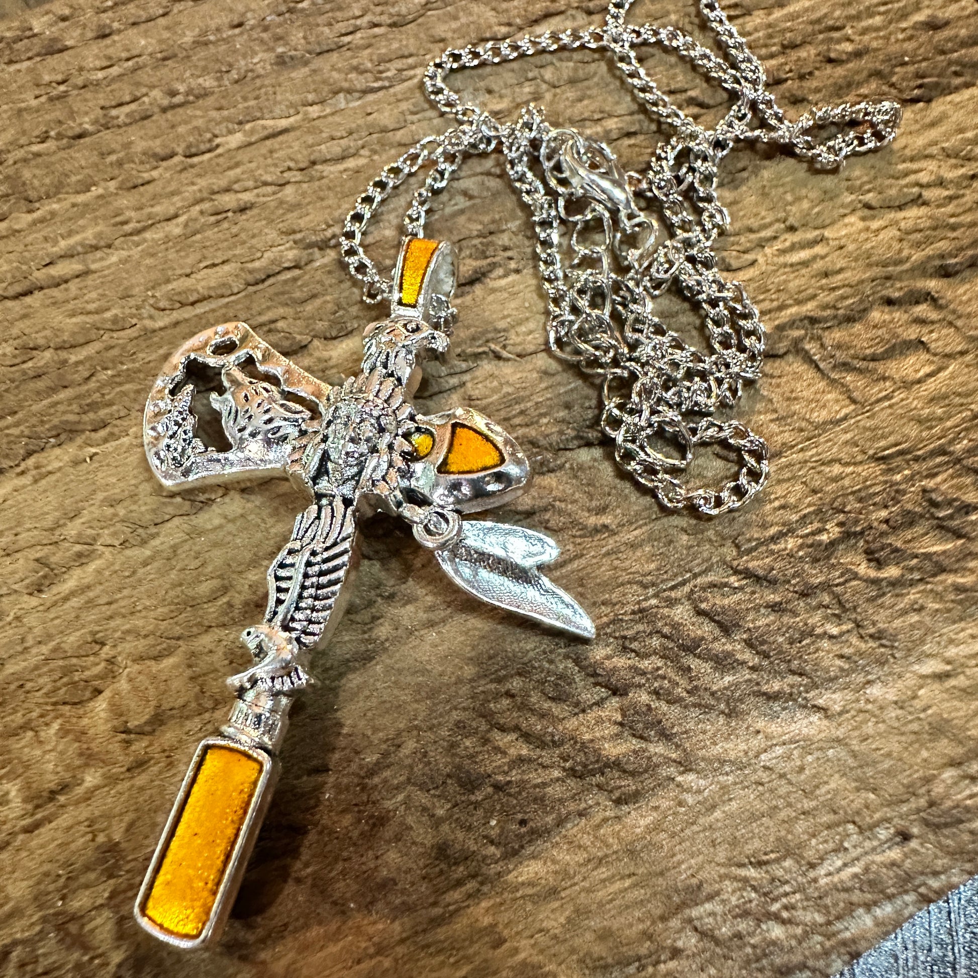 Navajo Style Indian Eagle Necklace With Mixed Metals On Adjustable 18 Inch Chain Silver Elegant
