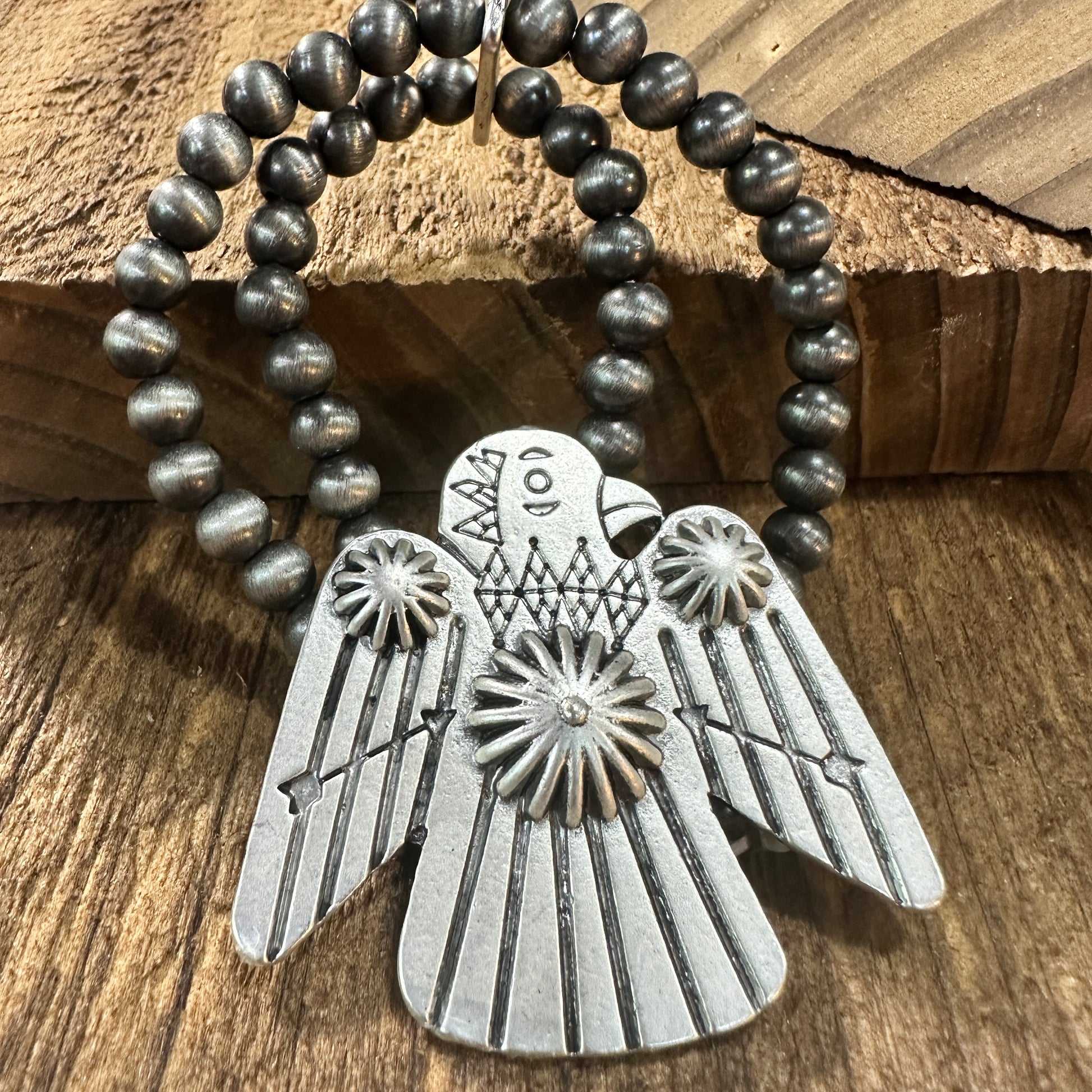 Navajo Thunderbird Beaded Stretch Bracelet, Native American Bold Style, Ships in Gift Box Silver Elegant