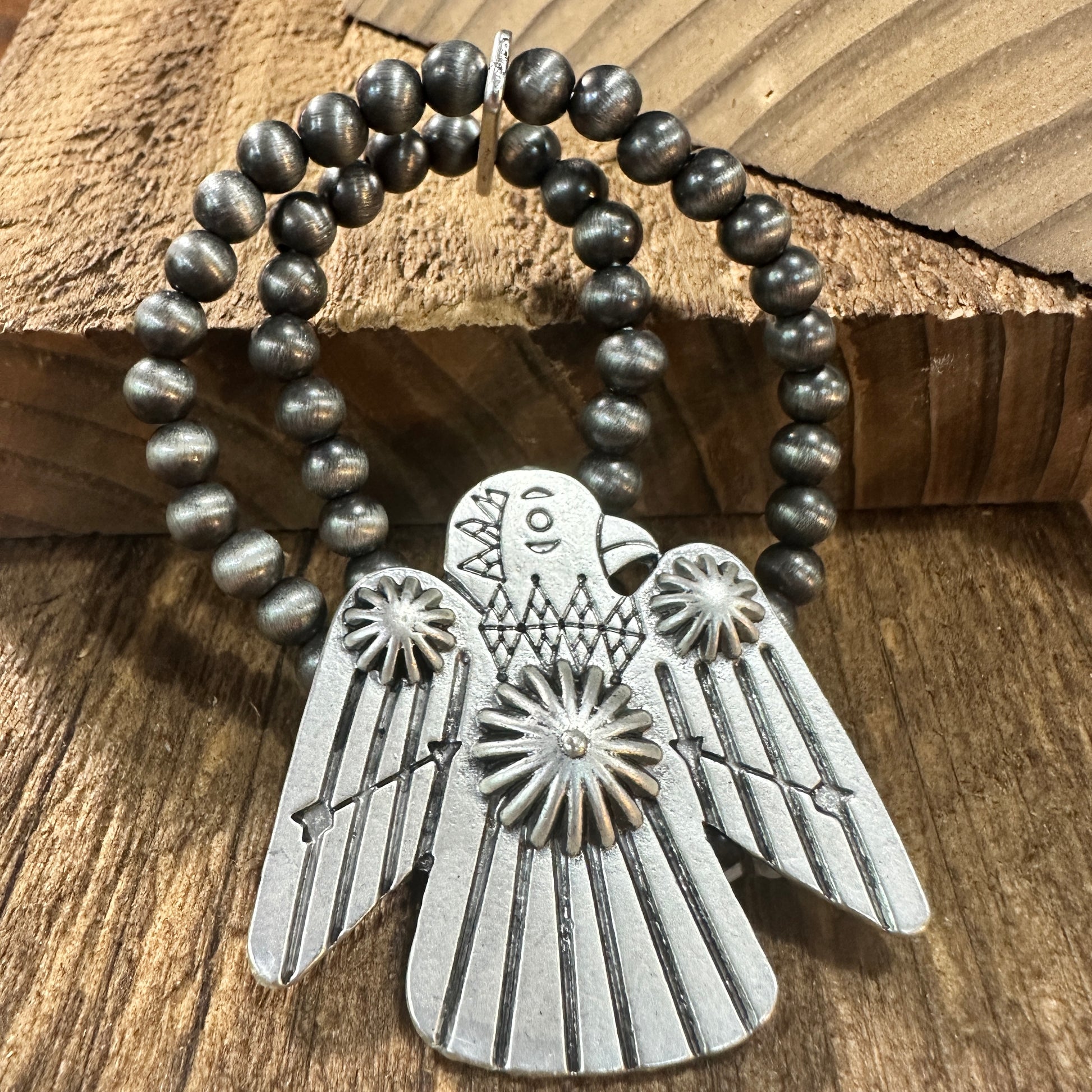 Navajo Thunderbird Beaded Stretch Bracelet, Native American Bold Style, Ships in Gift Box Silver Elegant