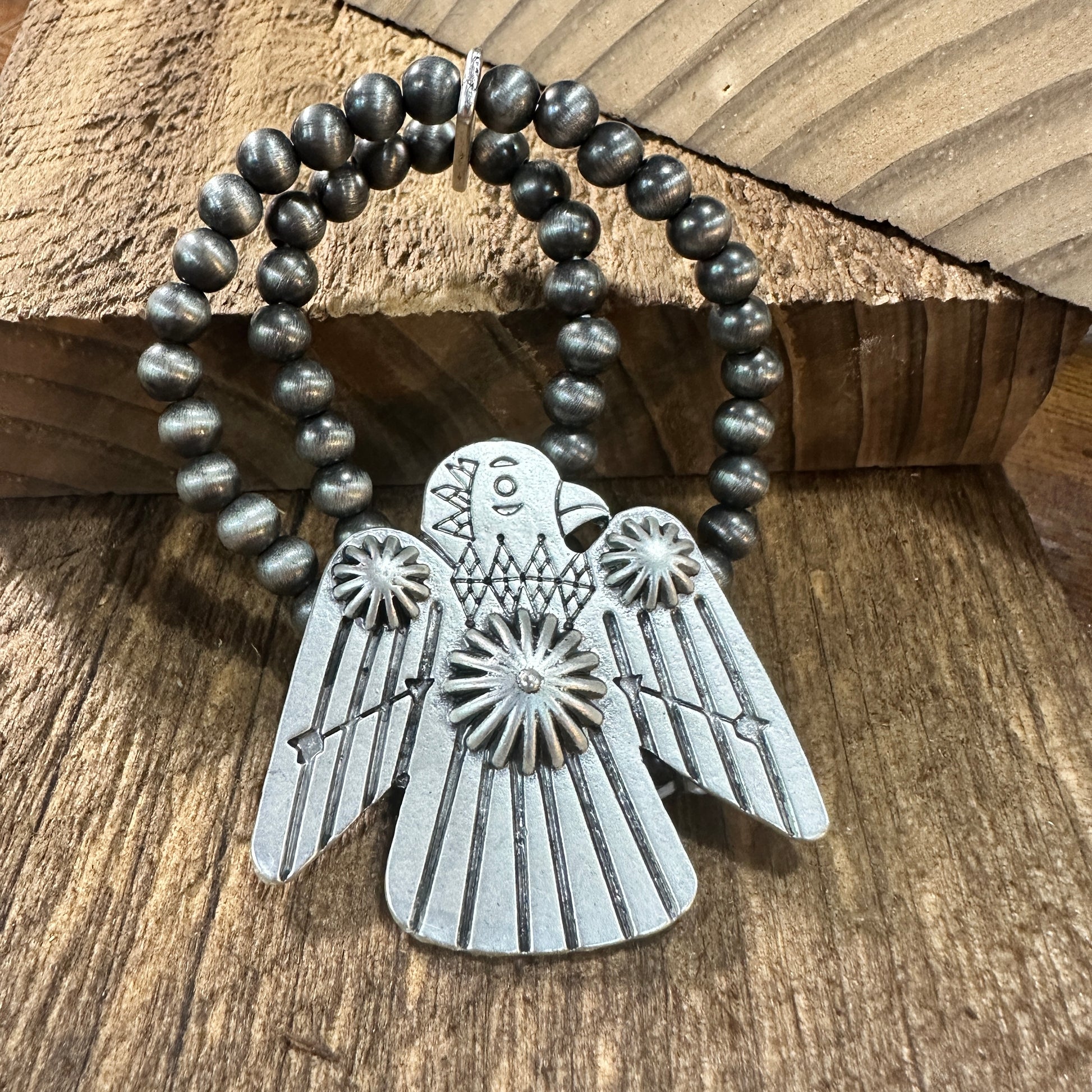 Navajo Thunderbird Beaded Stretch Bracelet, Native American Bold Style, Ships in Gift Box Silver Elegant