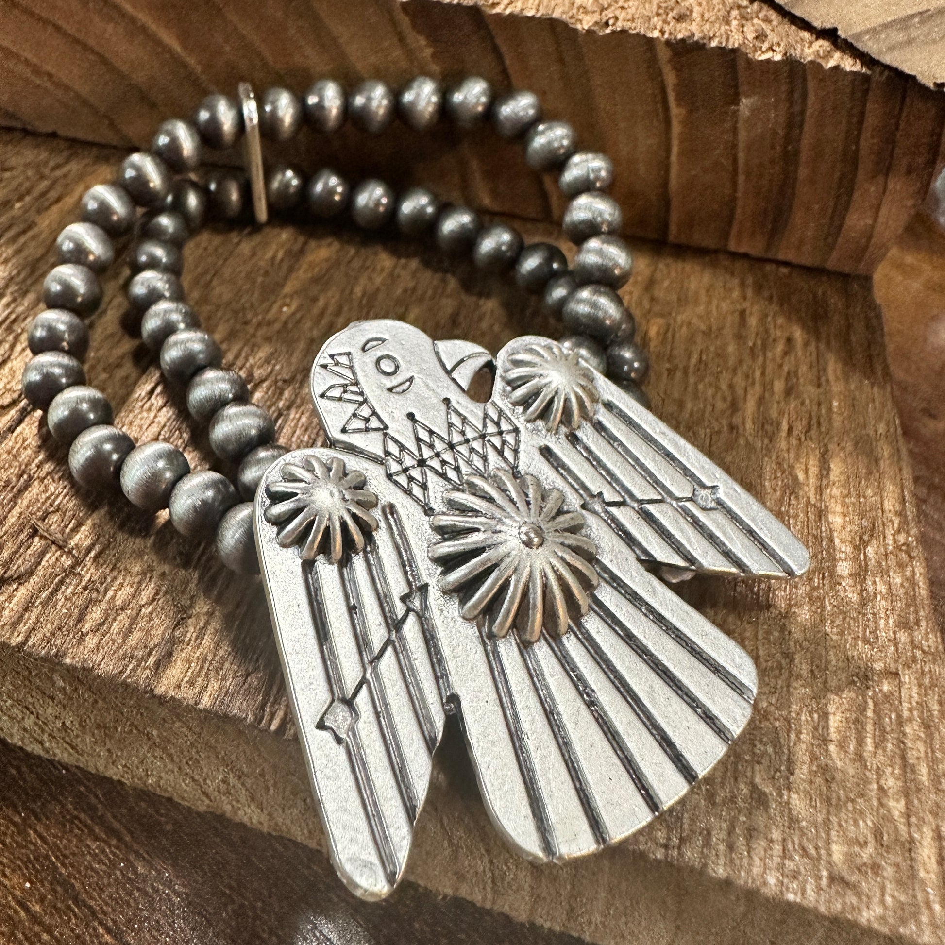 Navajo Thunderbird Beaded Stretch Bracelet, Native American Bold Style, Ships in Gift Box Silver Elegant