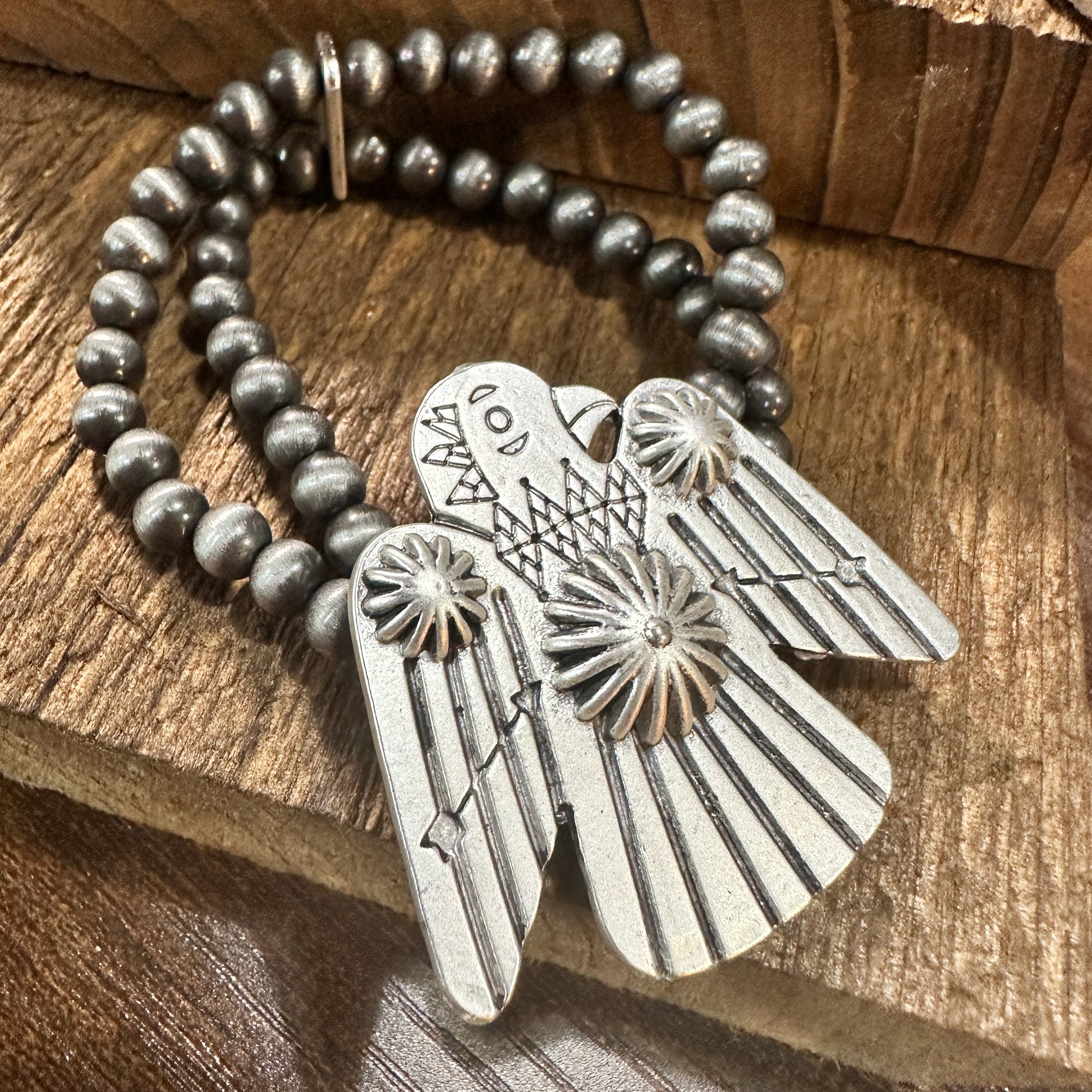 Navajo Thunderbird Beaded Stretch Bracelet, Native American Bold Style, Ships in Gift Box Silver Elegant